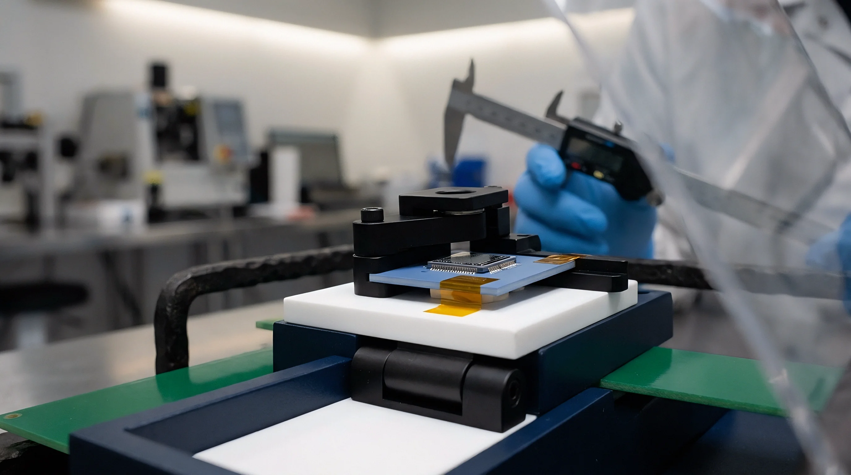A technician in blue gloves precisely measures a small integrated circuit mounted on a flexible circuit board within a laboratory test fixture.