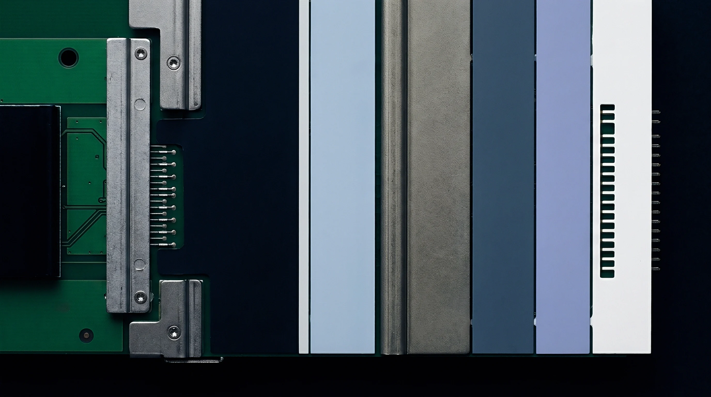 Multi layered sensing assembly components including green pcb substrates metallic heat spreaders and specialized thermal interface materials appear in this digital technical render.