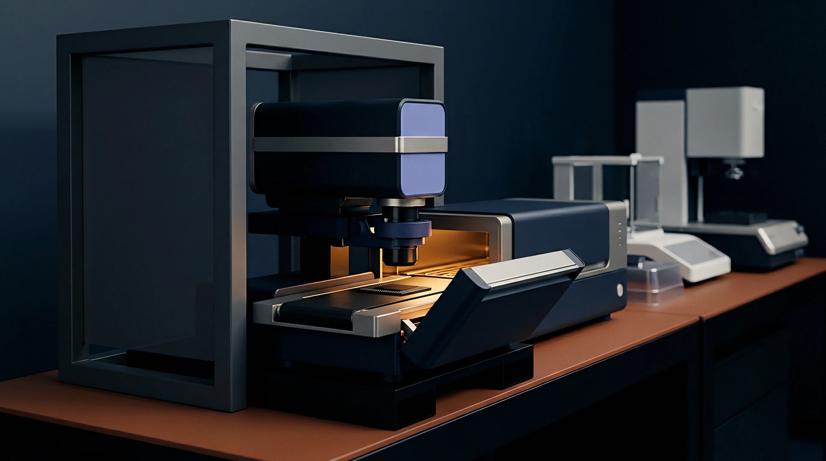 Integrated circuits on an automated conveyor occupy this digital render inside a metrology housing with an illuminated optical measurement system.