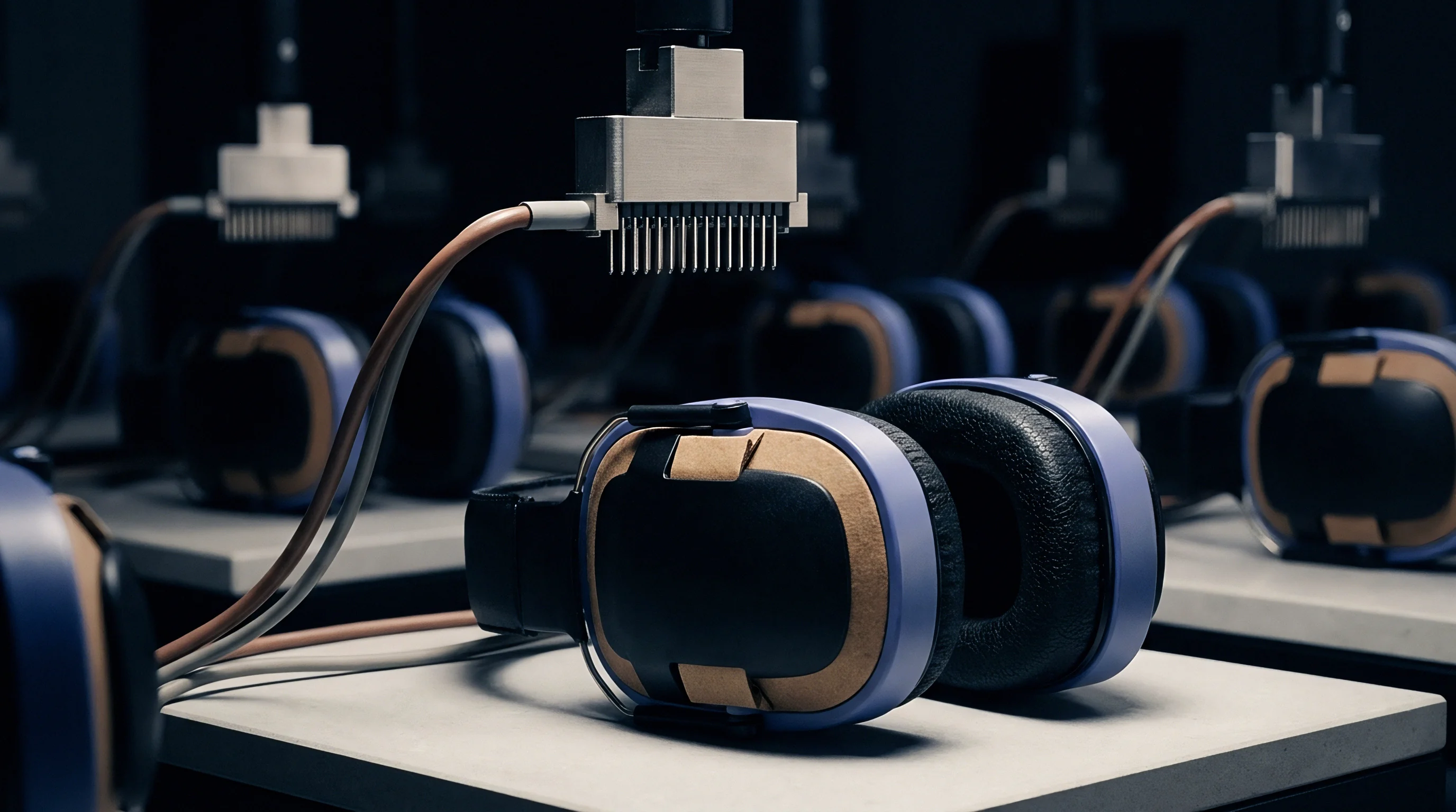 Rows of blue and black over ear headsets rest on white platforms beneath vertical robotic probes with conductive pin arrays in this digital illustration.