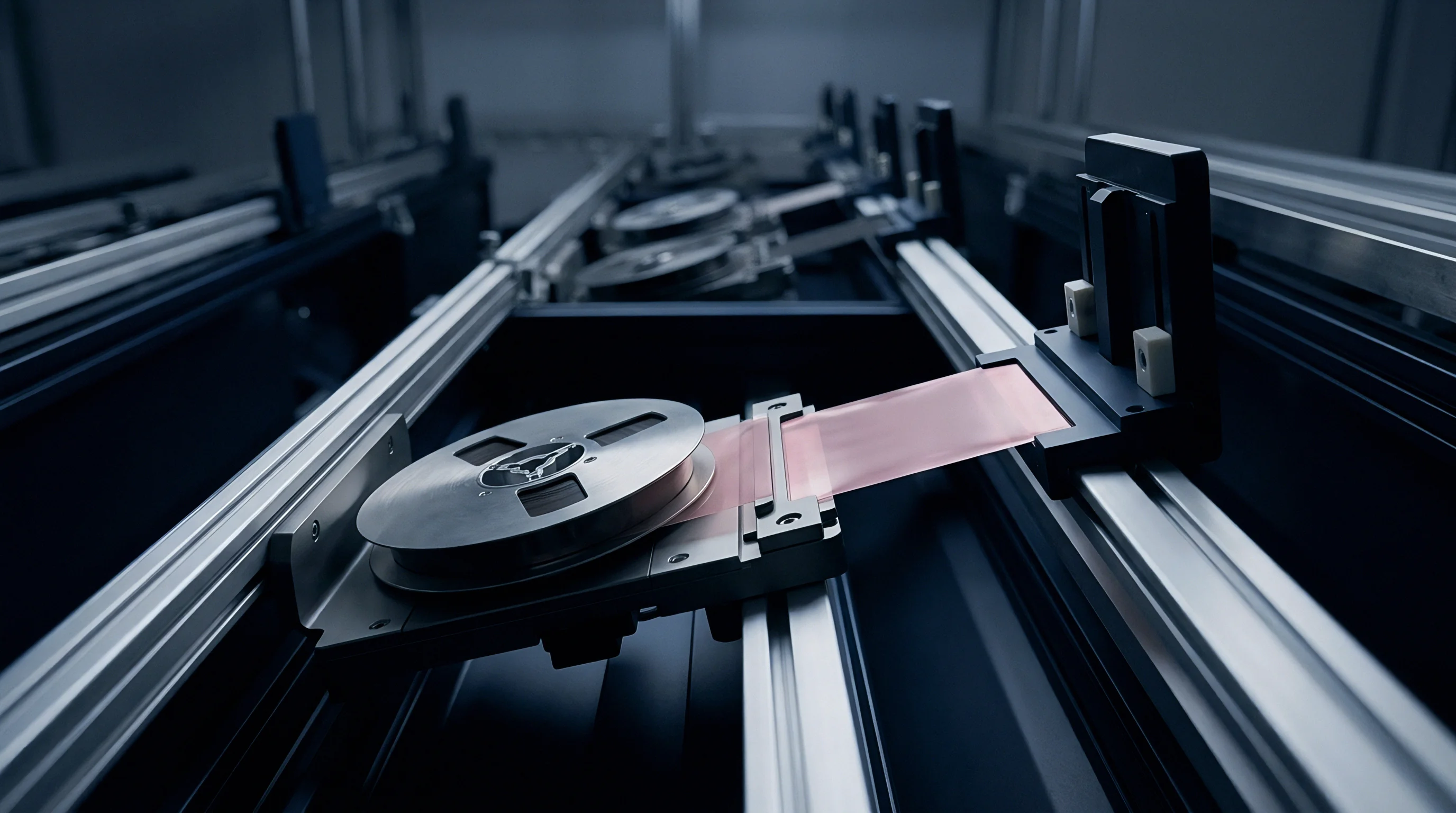 A metallic reel holding pink component carrier tape is precisely positioned within an automated manufacturing line feeding into a component placement system.