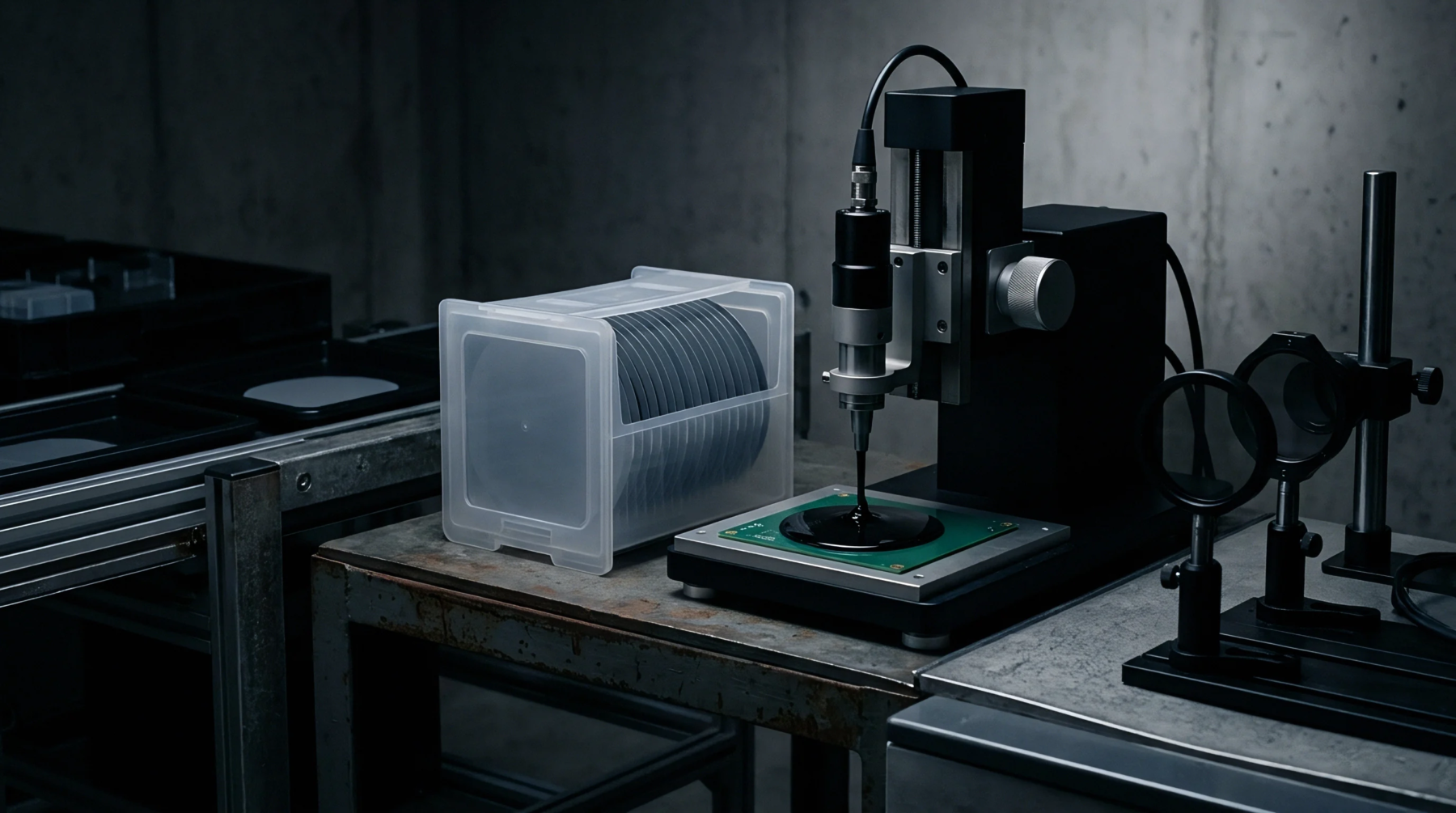 Automated dispensing systems apply viscous polymer material onto printed circuit boards inside a controlled industrial laboratory environment.