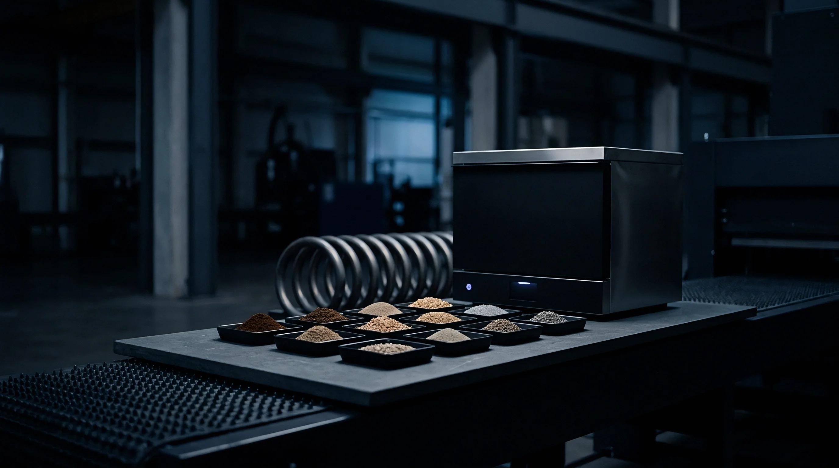 Industrial optical sorting equipment evaluates multiple particulate samples arranged on a testing platform inside a manufacturing facility.