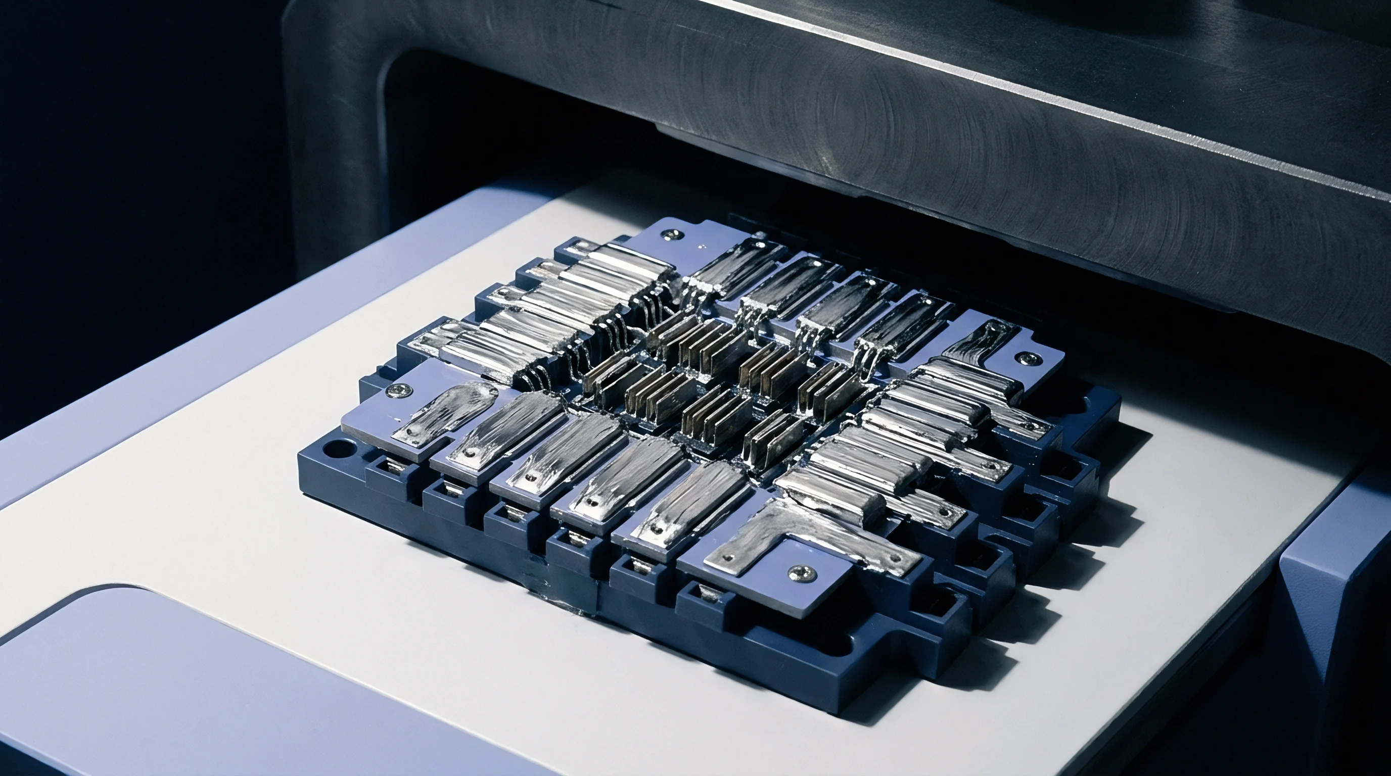 Metallic power electronics modules rest securely inside a precision machined blue fixture during an automated assembly phase in a factory setting.
