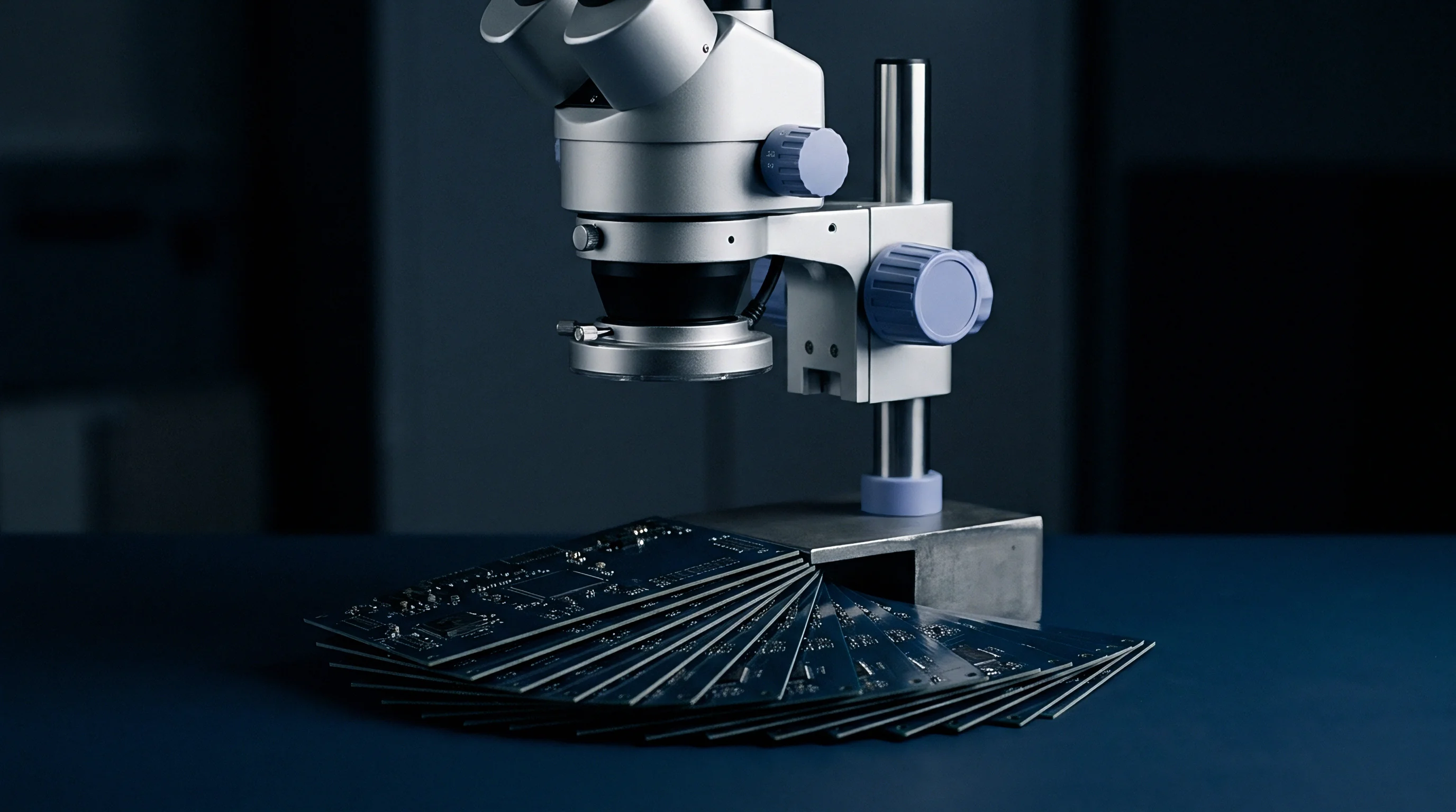 A binocular stereo microscope stands positioned above a series of dark unpopulated circuit boards fanned out on a flat workspace.