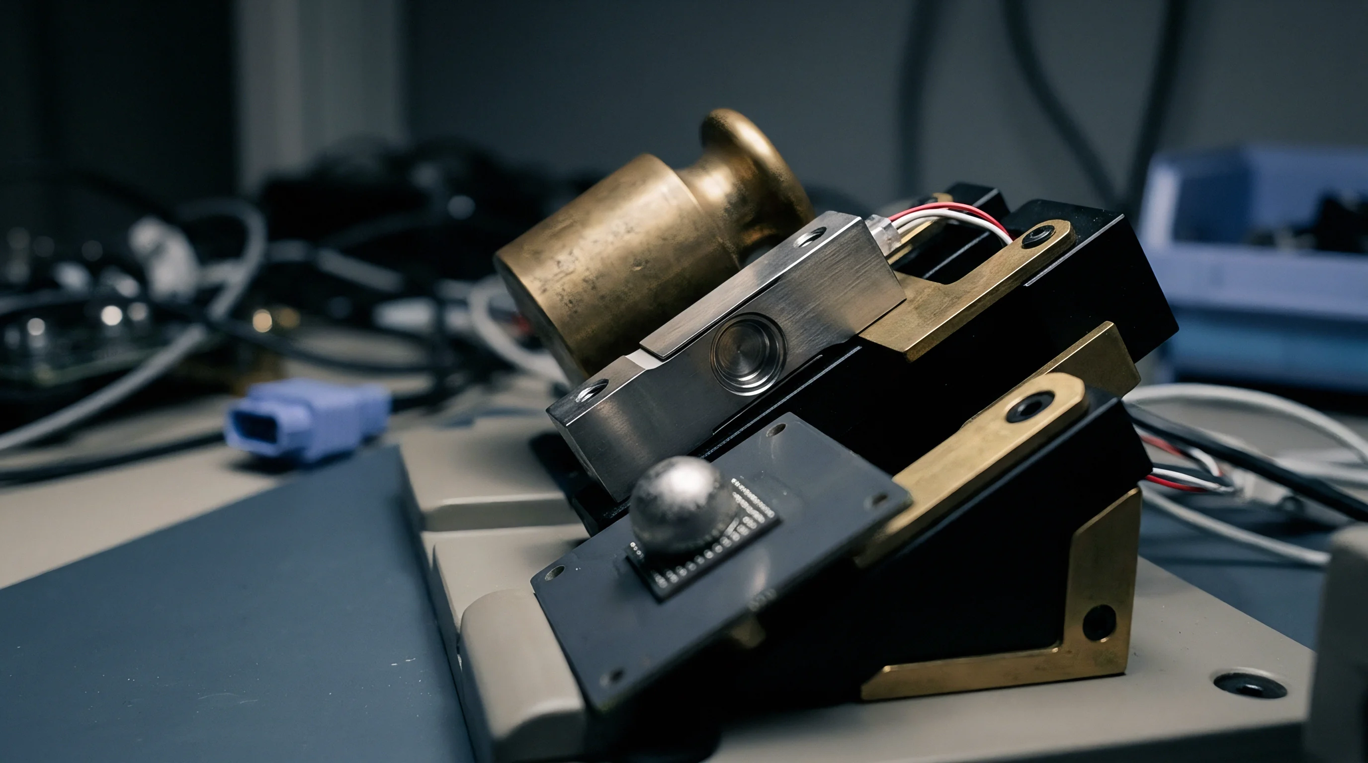 A brass cylindrical weight sits upon a metallic load cell positioned above a printed circuit board assembly featuring a sphere atop a microprocessor package.