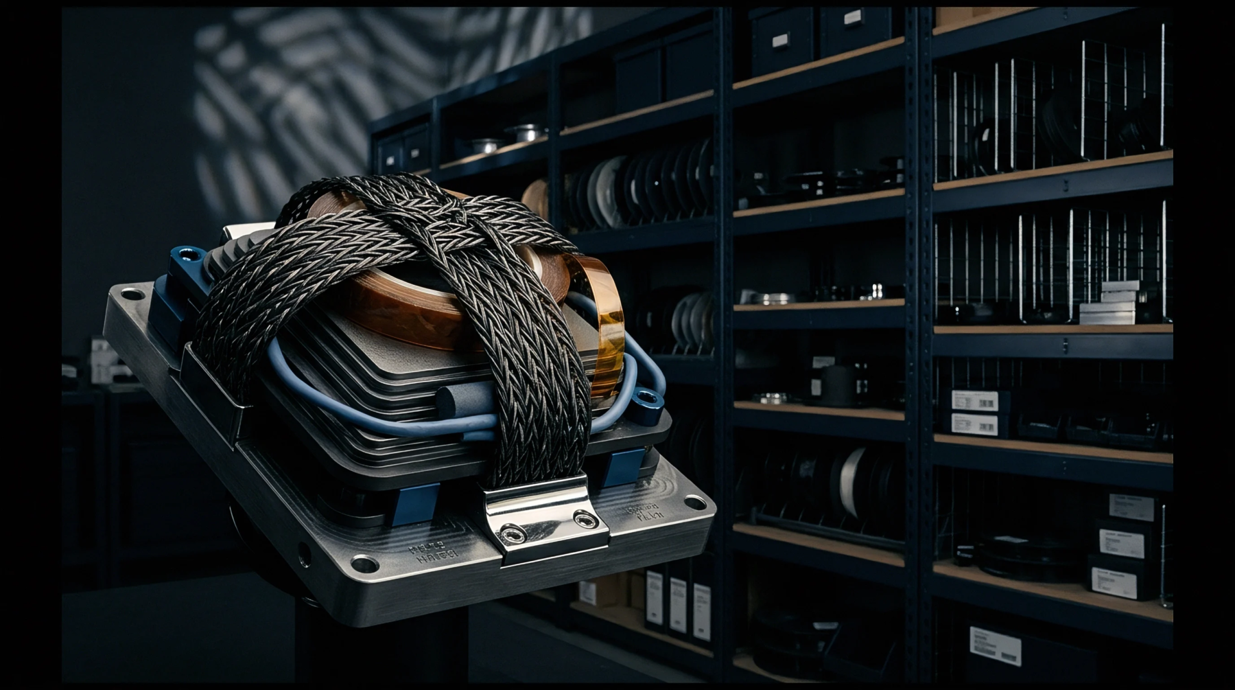 A multi layered sensor assembly wrapped in braided metal grounding straps sits on a mount in a component warehouse.