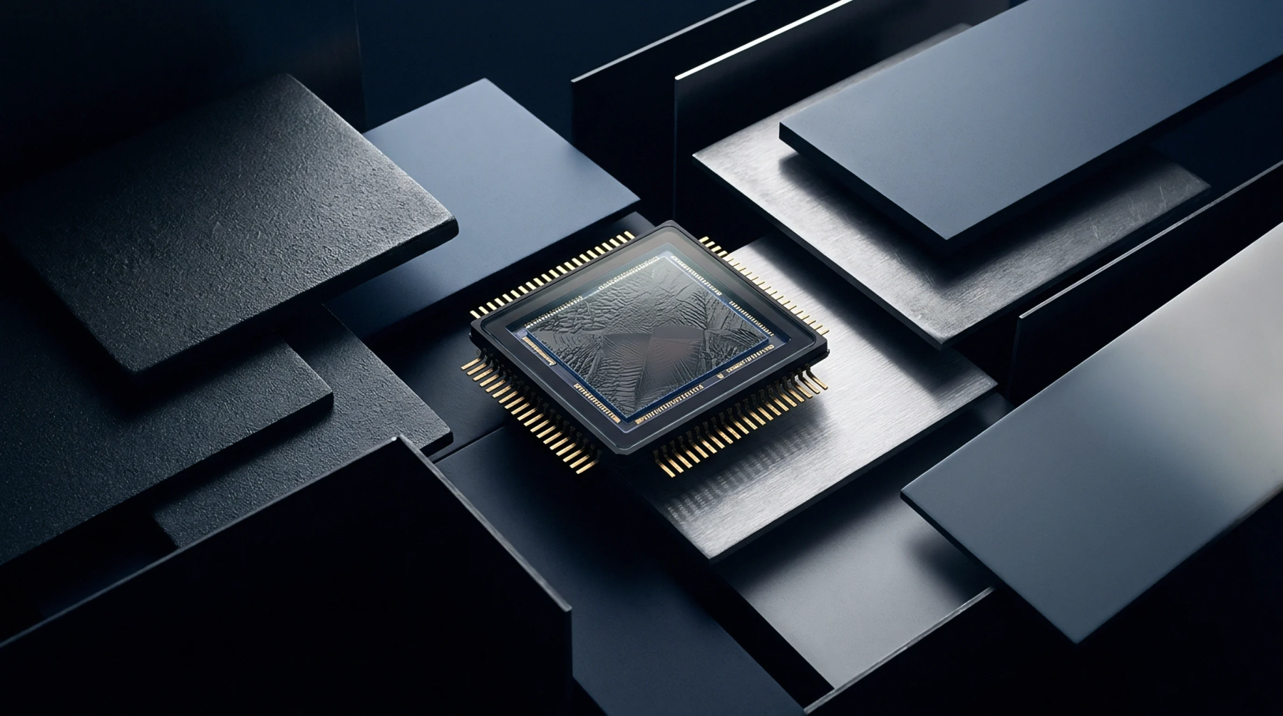 A packaged semiconductor image sensor with gold wire bond interconnects rests centrally upon polished metallic industrial mounting plates.