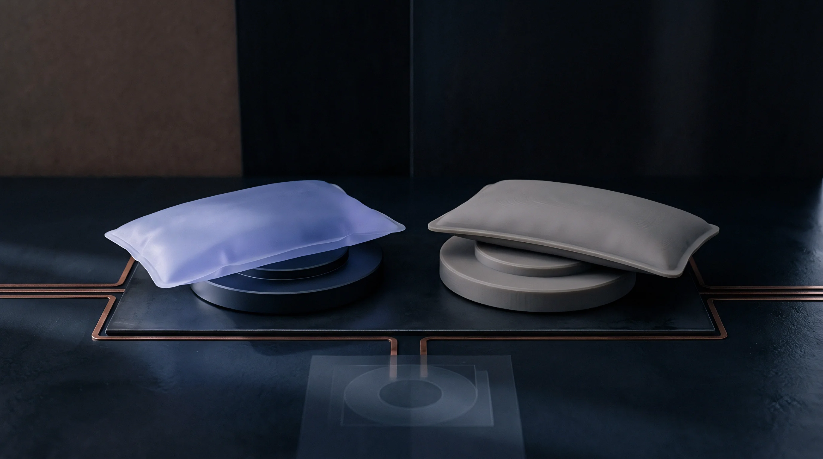 Two soft elastomer sensor pads resting on circular metallic calibration platters connected by exposed copper traces form this 3D digital render.