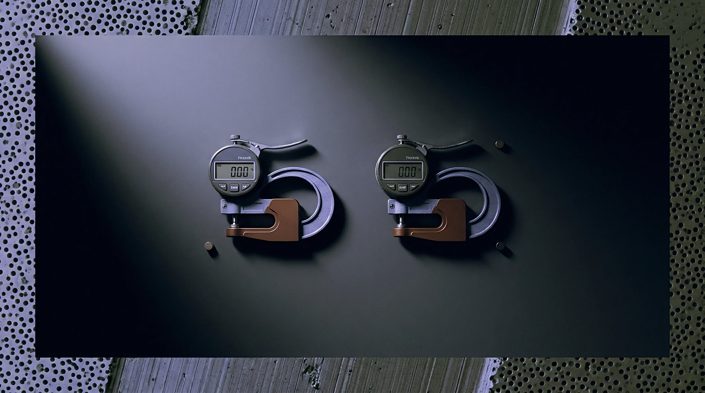 Two digital thickness gauges lie parallel on a dark grey metallic plate with circular metal positioning pins.