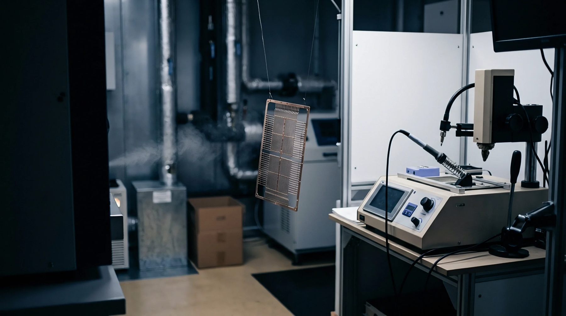 Metallic grid component hangs suspended before a workstation console featuring an integrated measurement interface and soldering iron tool within an industrial laboratory space.