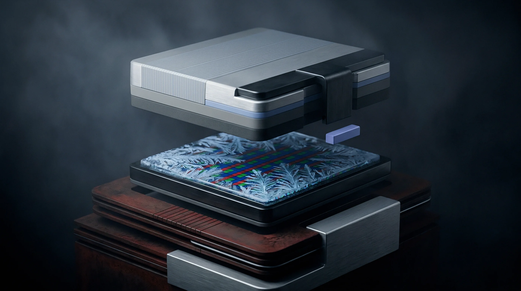 An illustration shows an exploded view of a multi-layered imaging sensor module featuring a frosted active sensing surface within a precision electronic assembly.