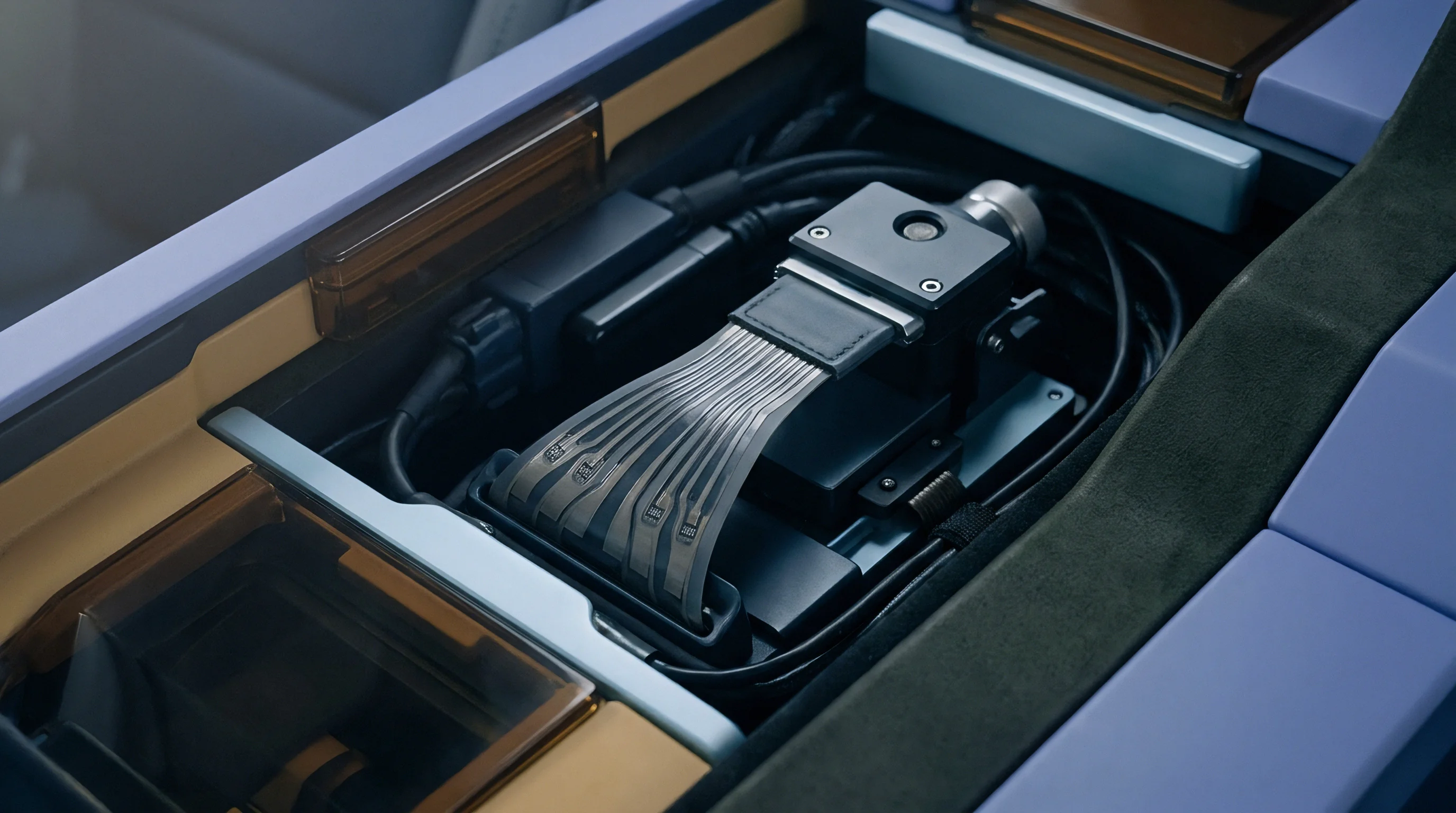 Flexible printed circuit assembly connects internal sensor modules within an industrial or automotive console enclosure for signal transmission.