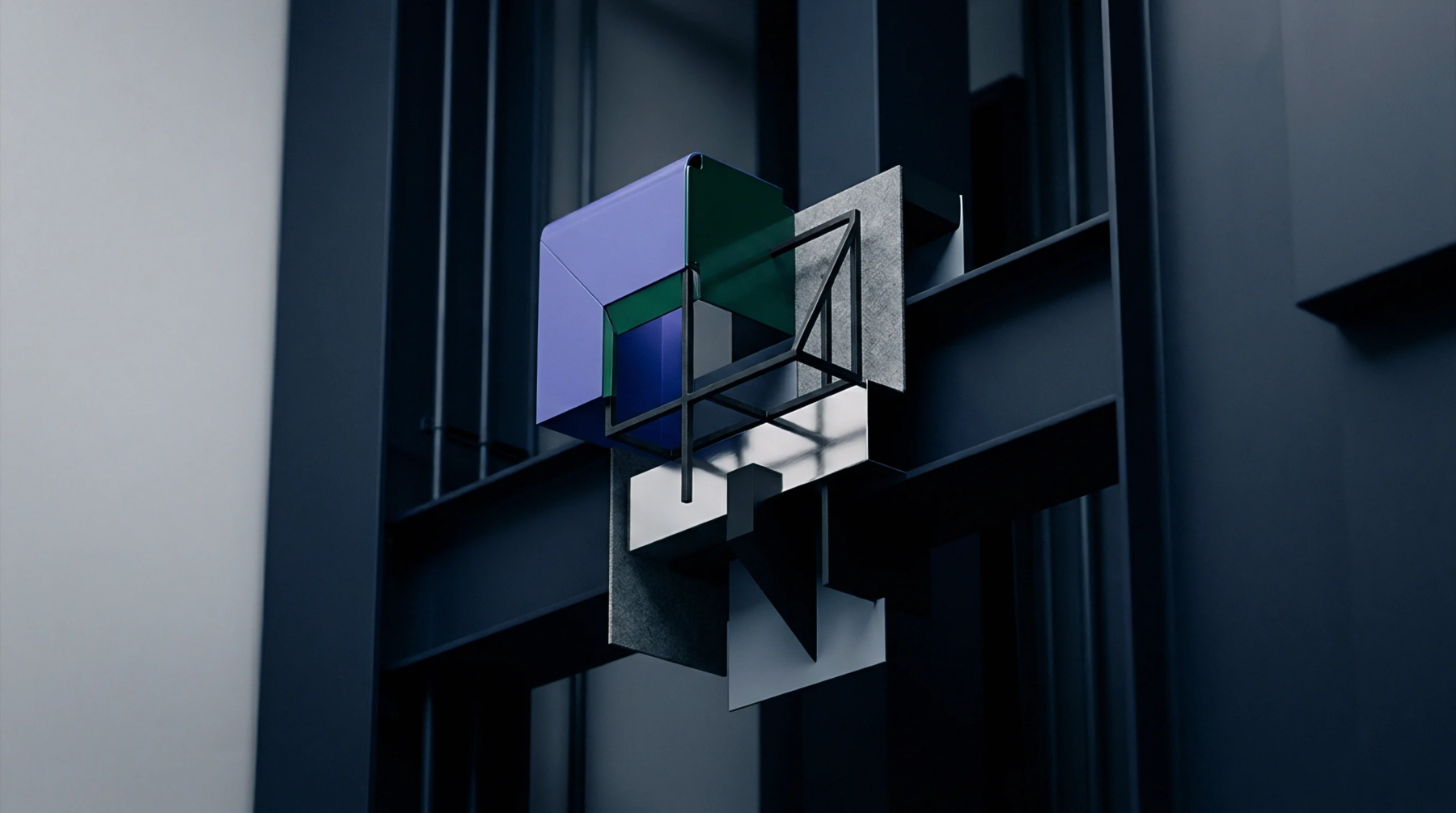 An abstract graphic render displays polyhedral and skeletal structures nested between orthogonal beams that form part of a modular sensor assembly framework.
