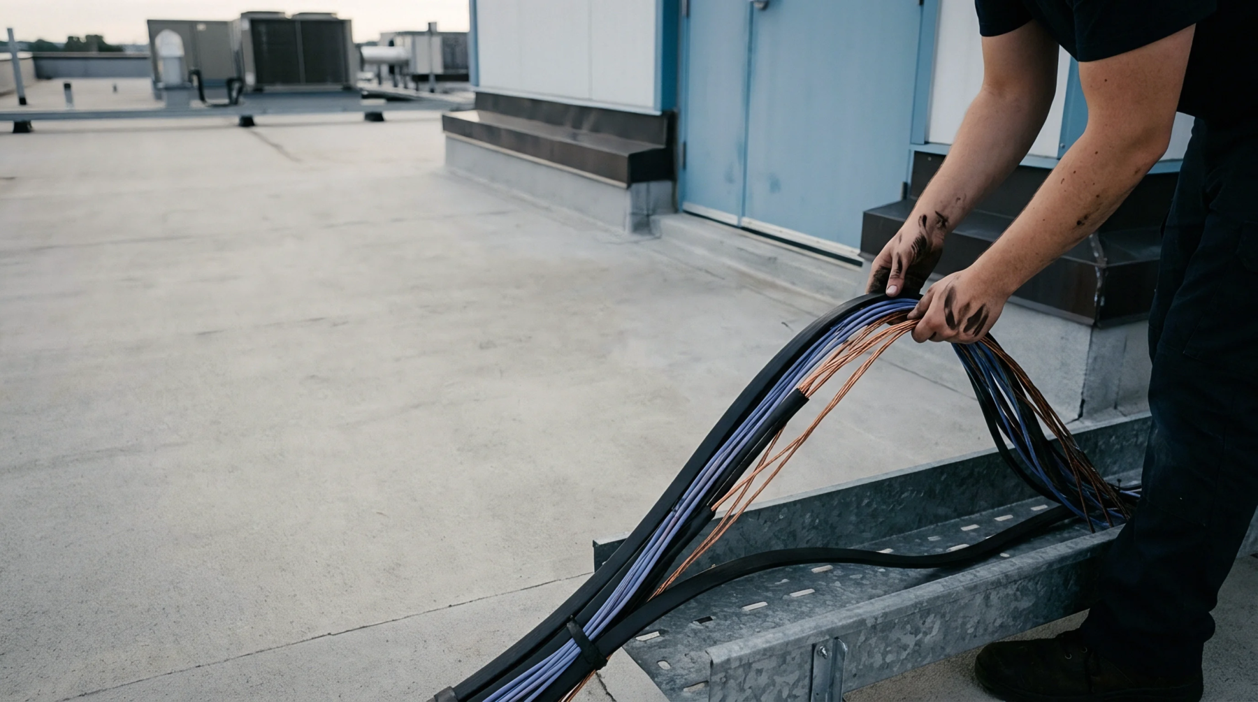A technician wearing dark clothing manages a bundle of exposed copper conductors and blue insulated wires within a galvanized metal tray.