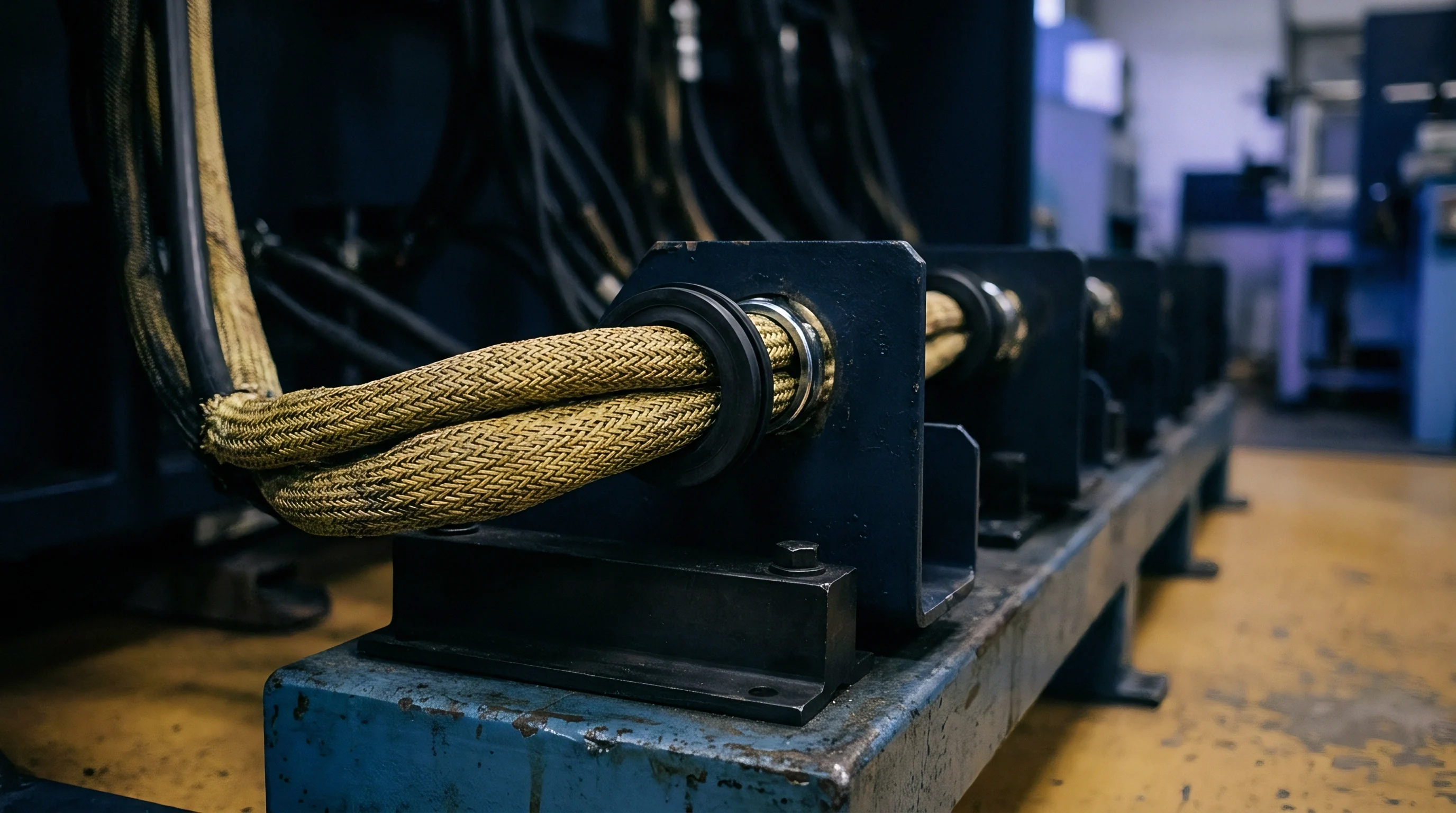 Braided protective sleeves encase heavy electrical wiring secured within rigid metal mounting brackets aligned along an industrial assembly rail.
