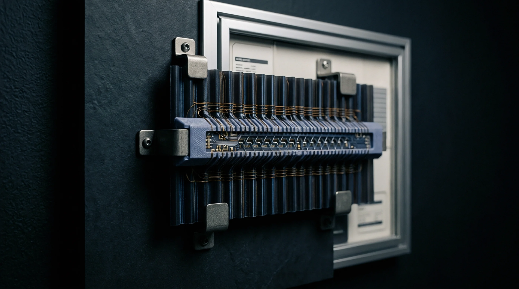 A render of a multi channel coil transducer array mounted in metal brackets on a dark textured panel for industrial electronic calibration.