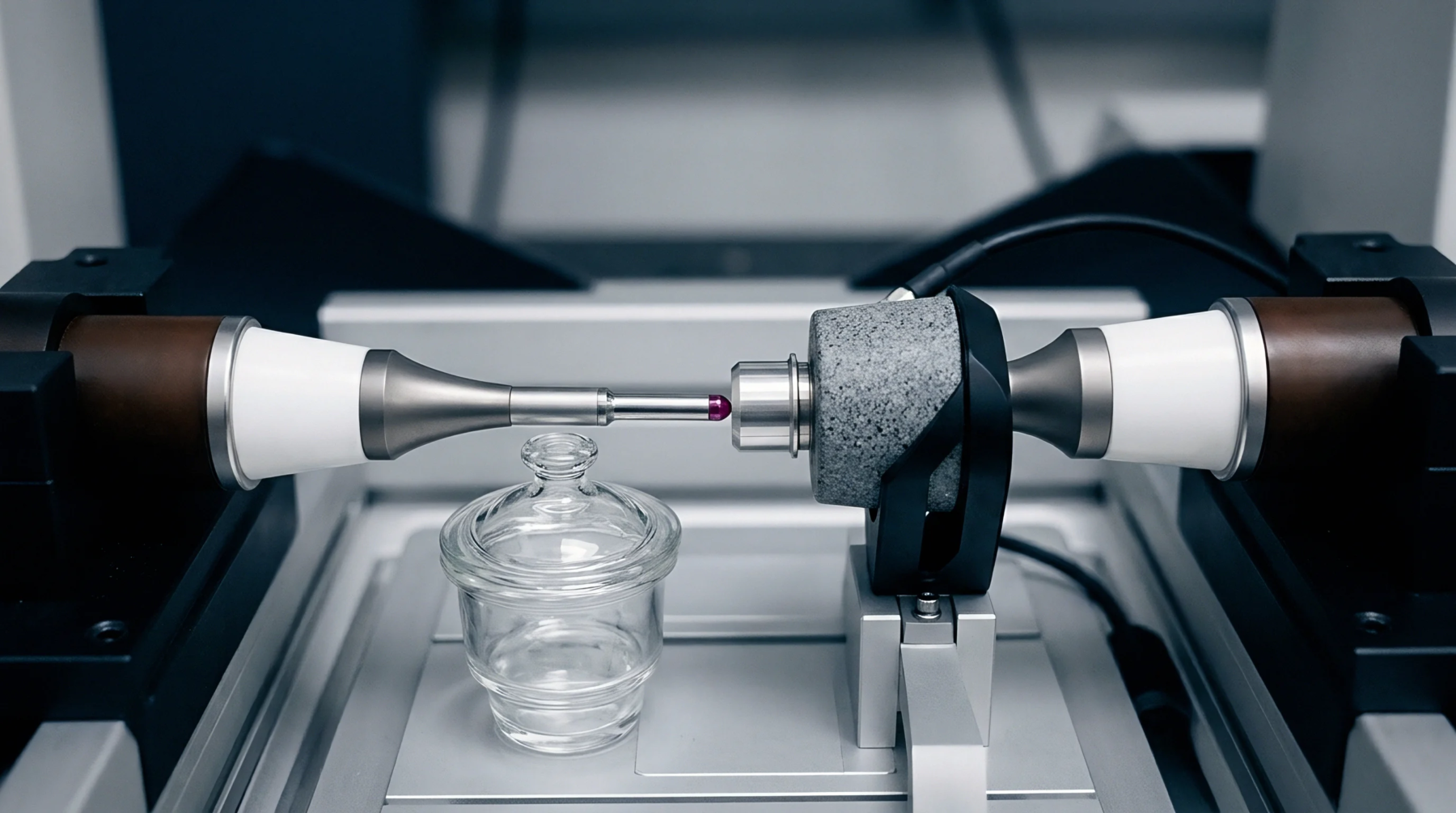 A precision contact metrology system utilizes a ruby tipped probe to measure the surface of a complex component.