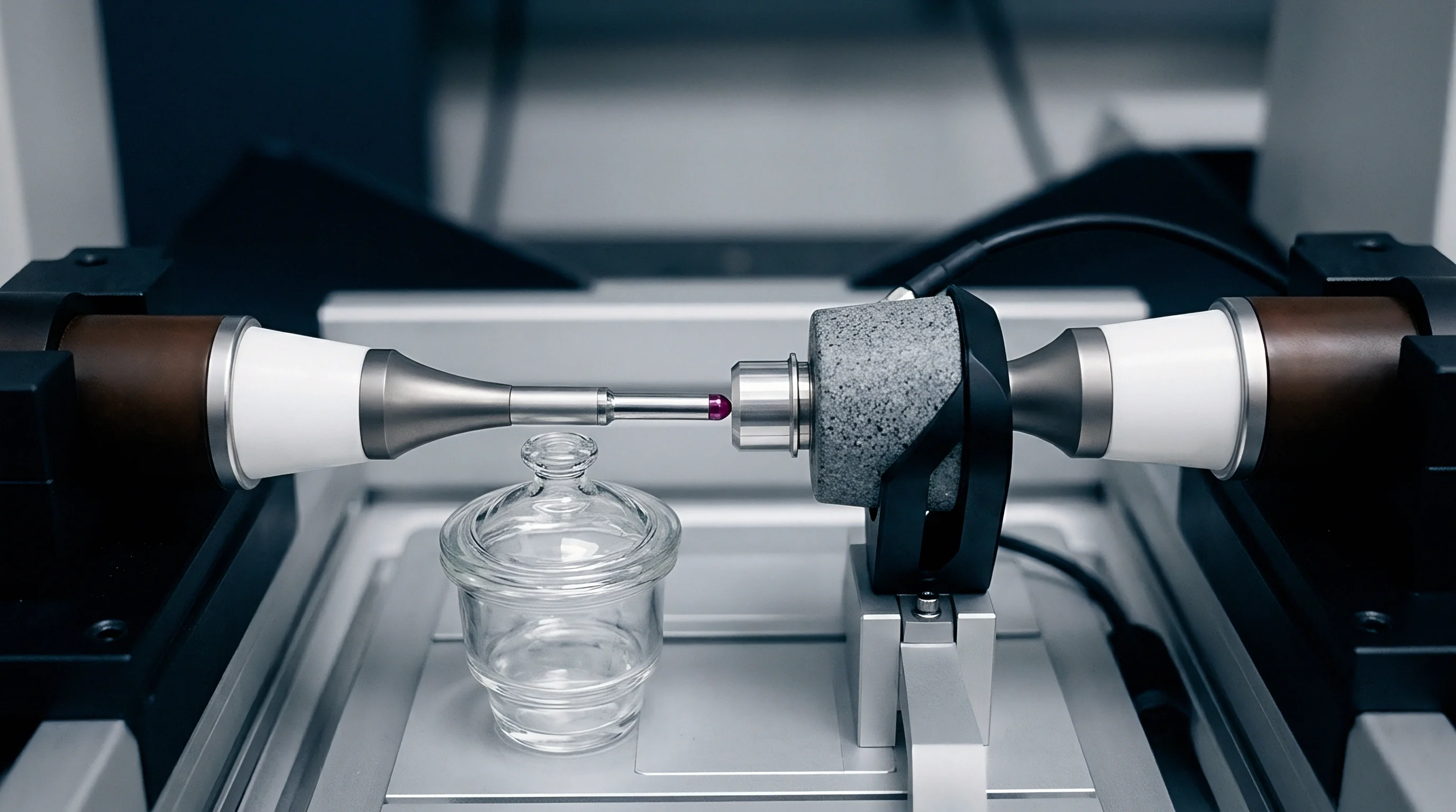 A precision contact metrology system utilizes a ruby tipped probe to measure the surface of a complex component.