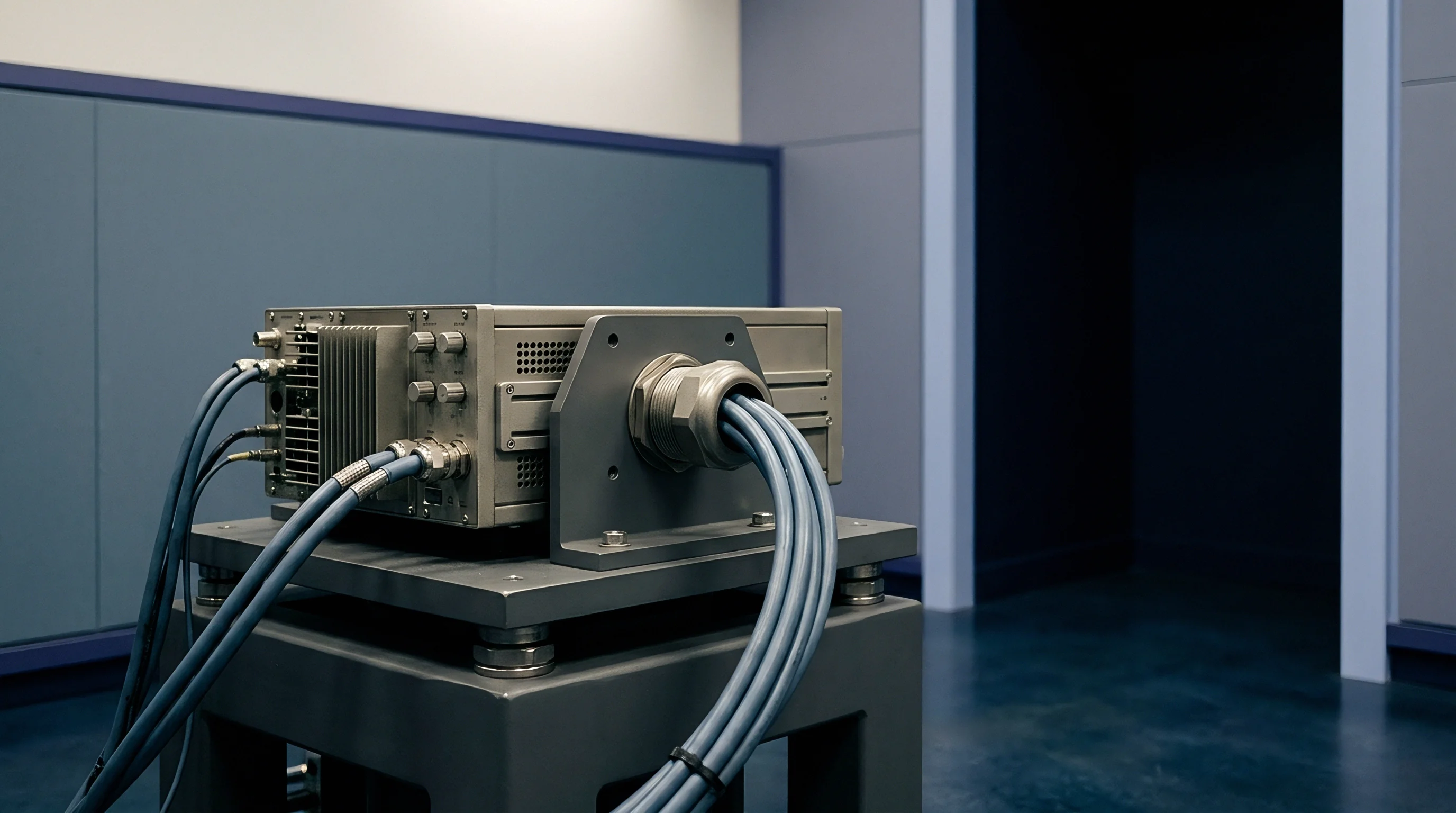 A rugged metallic electronics unit with multiple shielded cables connected to its sides rests on a vibration isolation platform in a clean laboratory setting.