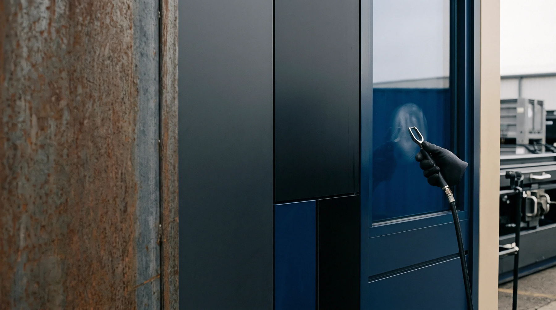 A gloved technician holds an ionizing air nozzle toward a modular enclosure panel inside a precision manufacturing facility.