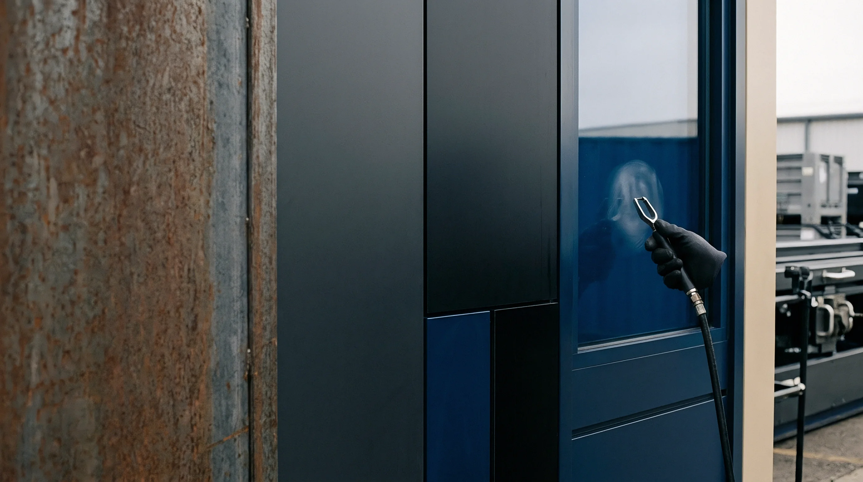 A gloved technician holds an ionizing air nozzle toward a modular enclosure panel inside a precision manufacturing facility.