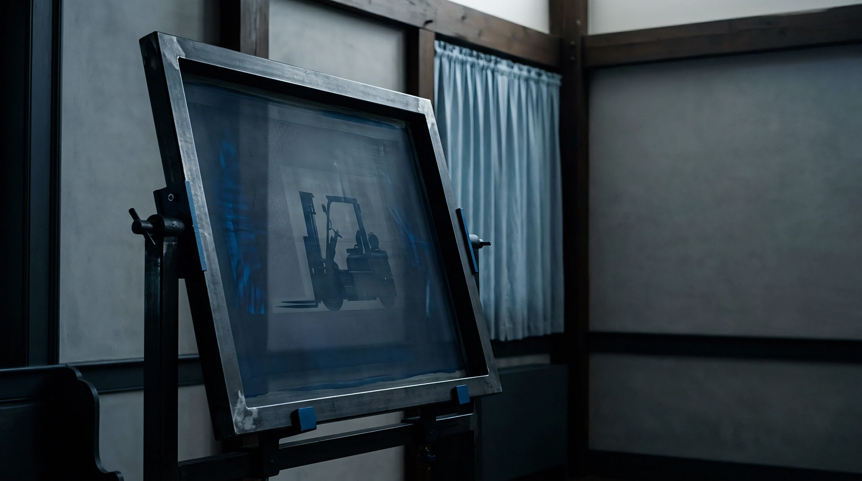 A metal frame secures a polymer mesh screen containing a graphic exposure mask in an industrial production room.