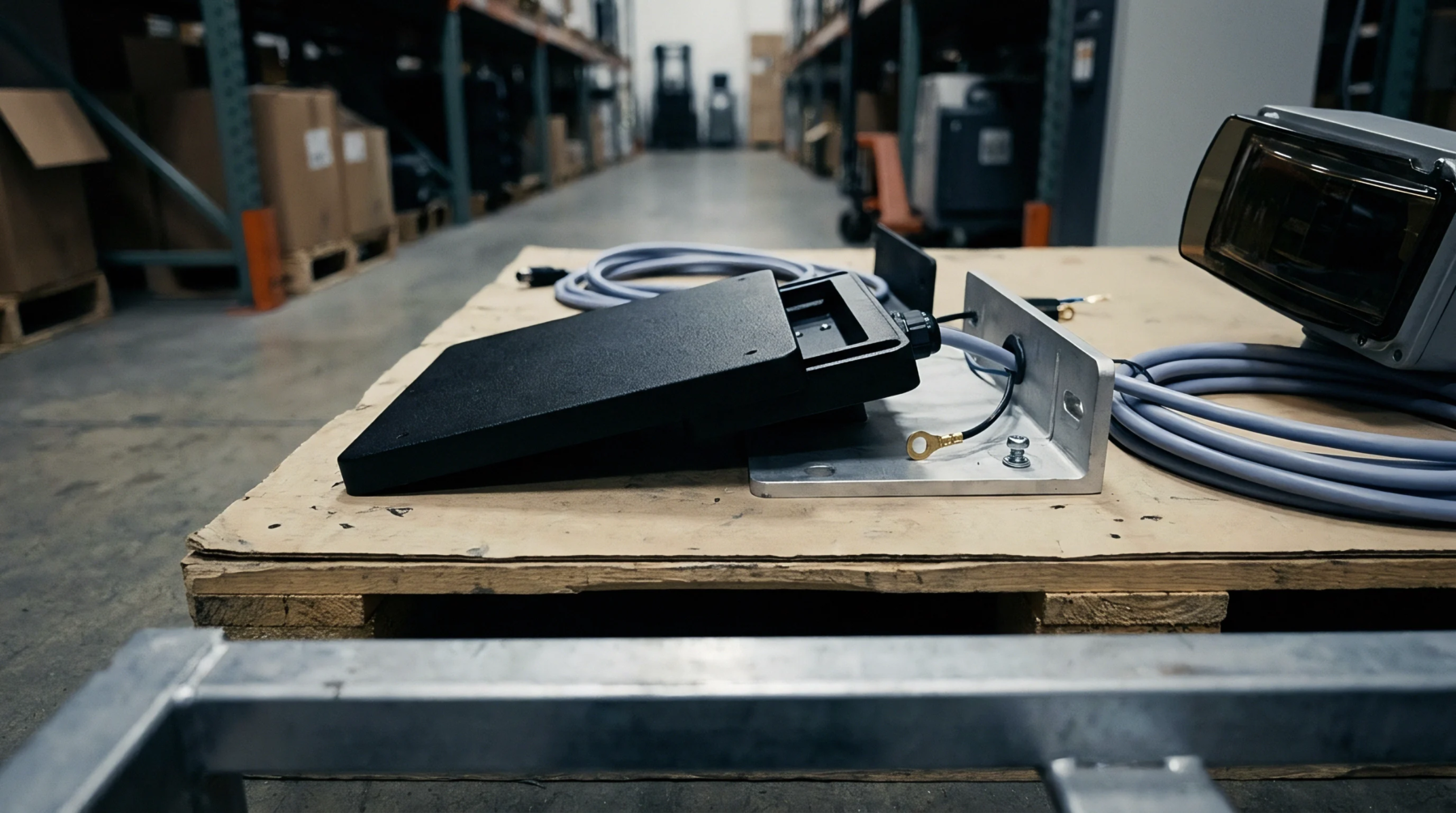 Black industrial sensor hardware and grey cabling rest on a wooden pallet inside a manufacturing warehouse facility.