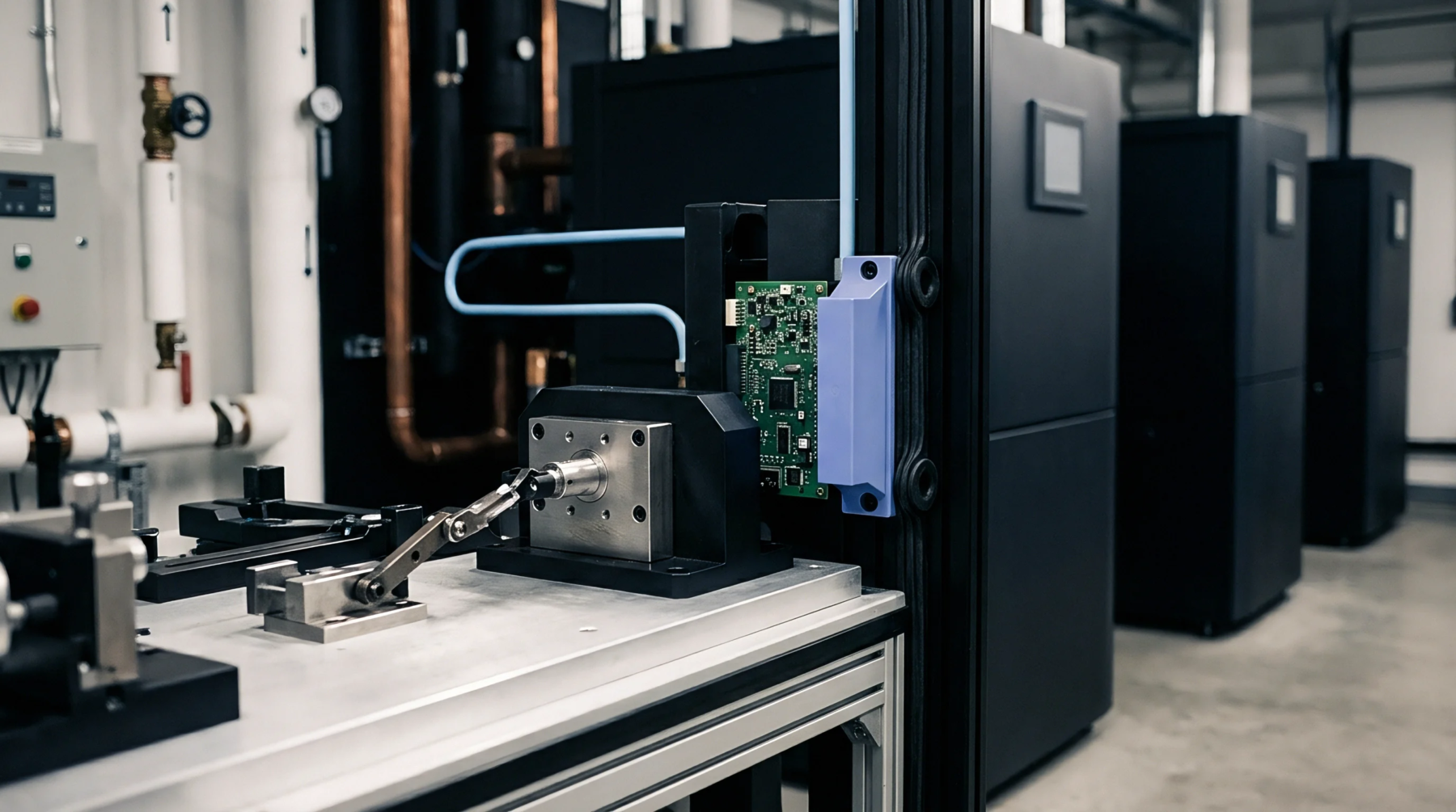 An assembled circuit board is mounted in a metal testing fixture connected to a mechanical actuator on a laboratory workbench.