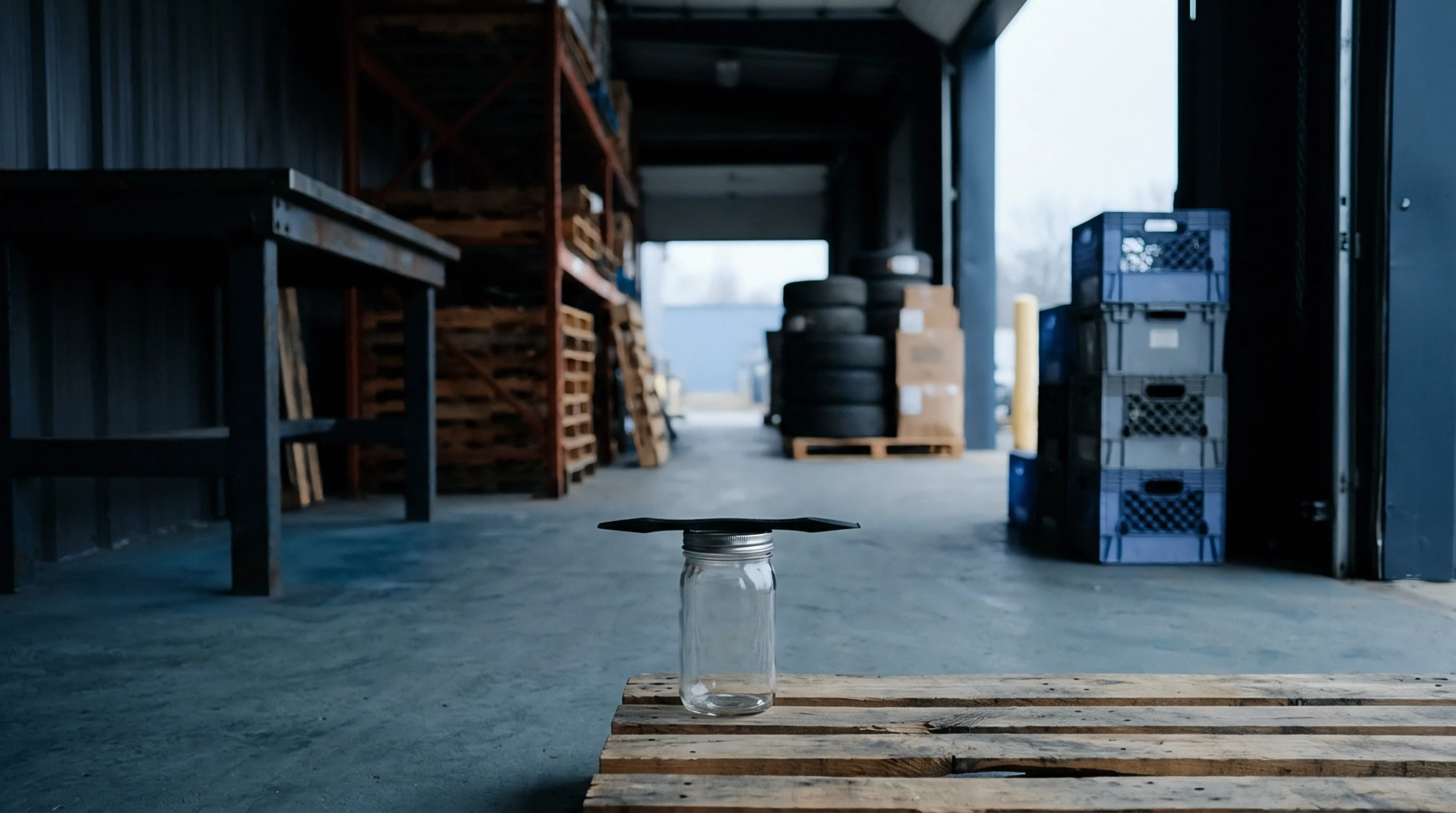 Glass sensor containment fixture positioned on wooden pallet inside industrial production facility awaiting precision measurement calibration procedures.