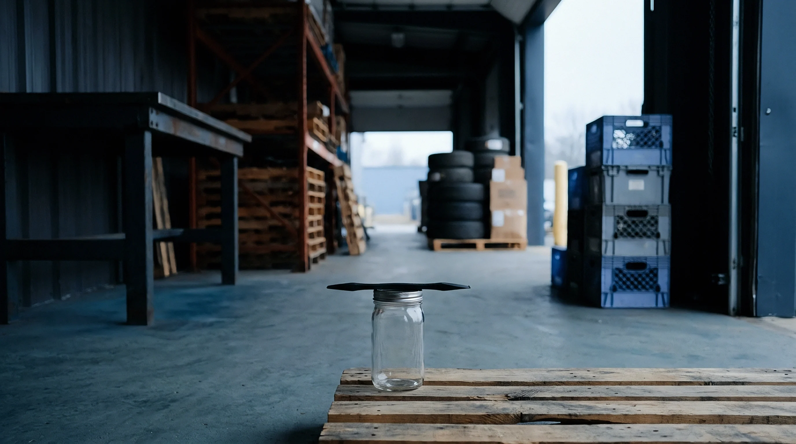 Glass sensor containment fixture positioned on wooden pallet inside industrial production facility awaiting precision measurement calibration procedures.