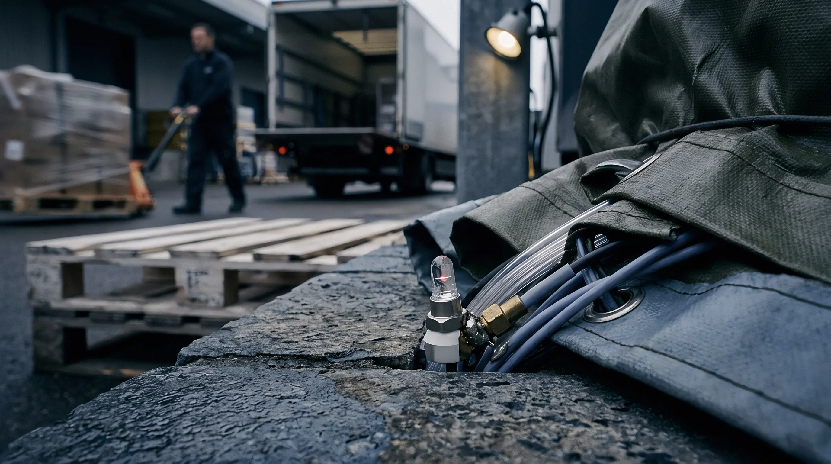 A wired optical sensor rests inside a concrete channel near a tarp covered cargo area in an active warehouse facility.