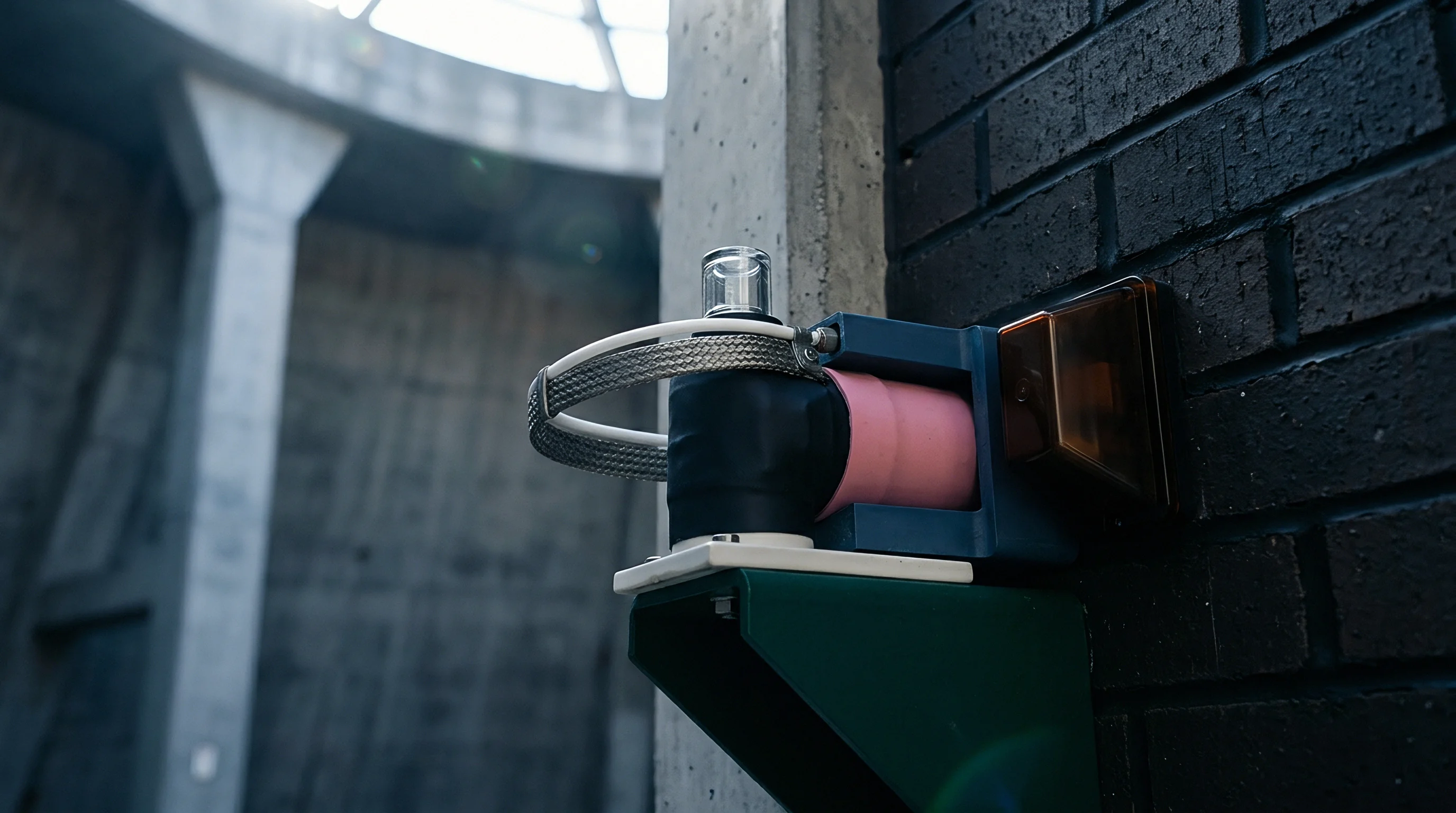 An industrial field sensor with metallic grounding strap and pink housing module sits firmly fixed upon a dark brick wall structure.