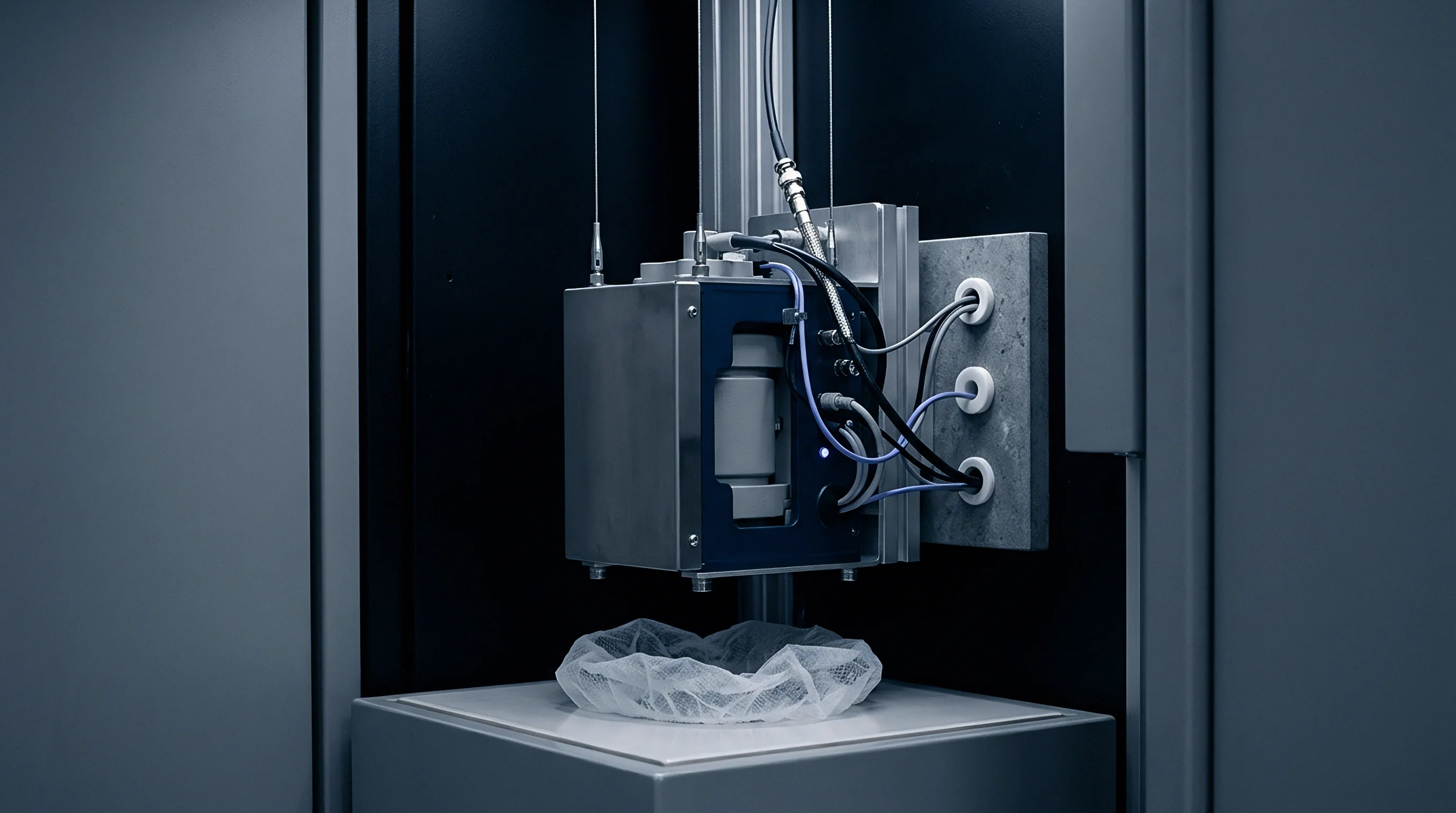 An industrial measurement sensor module with integrated wiring mounts within a sterile metal assembly above a small white protective net.