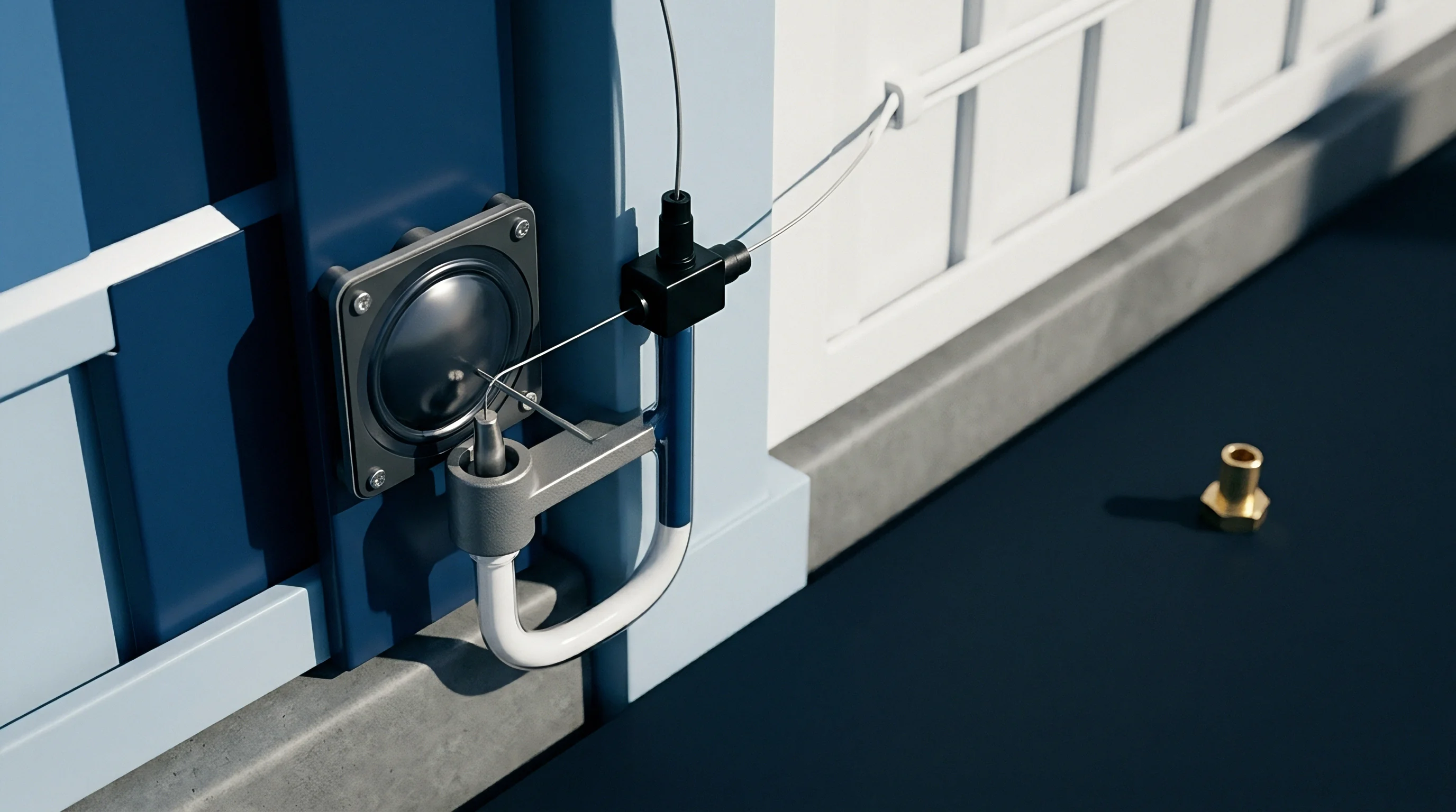 A digital render displays a tensioned wire perimeter sensing assembly featuring a metallic anchor bracket and specialized sensor housing mounted on a blue fence post.