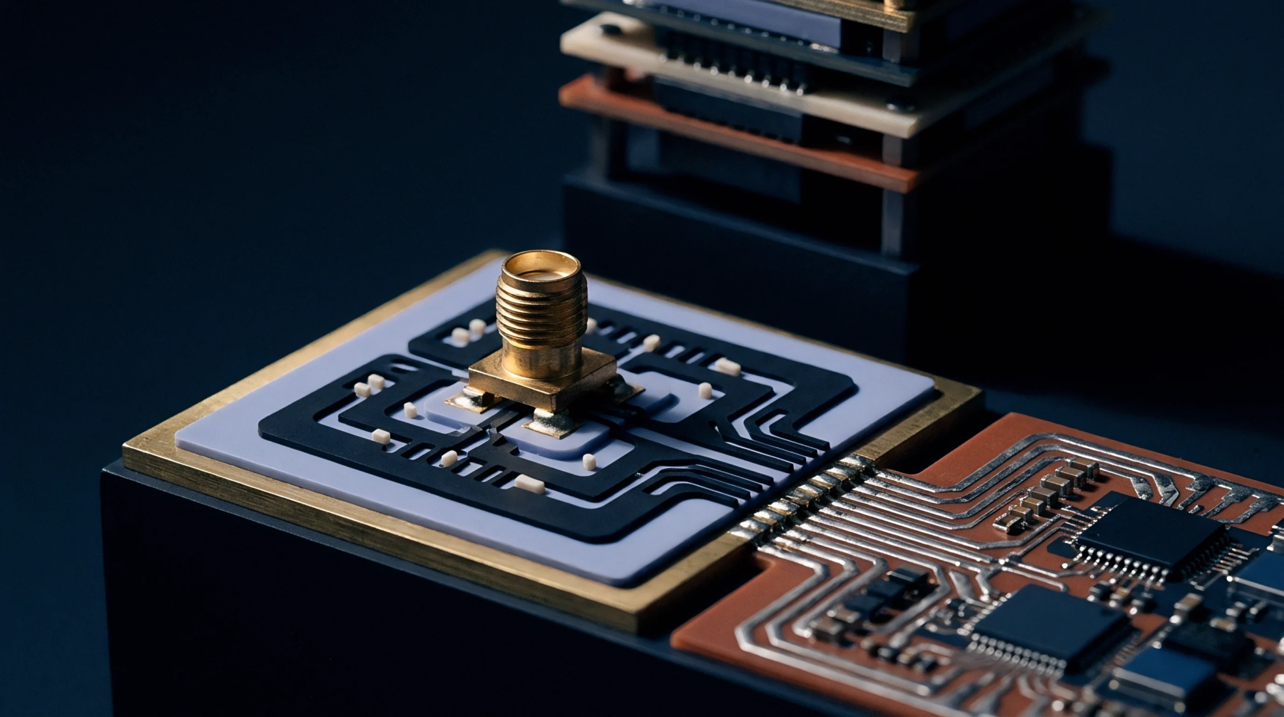 A metal coaxial connector sits atop a multi layered ceramic substrate surrounded by printed conductor traces near a microchip populated board.