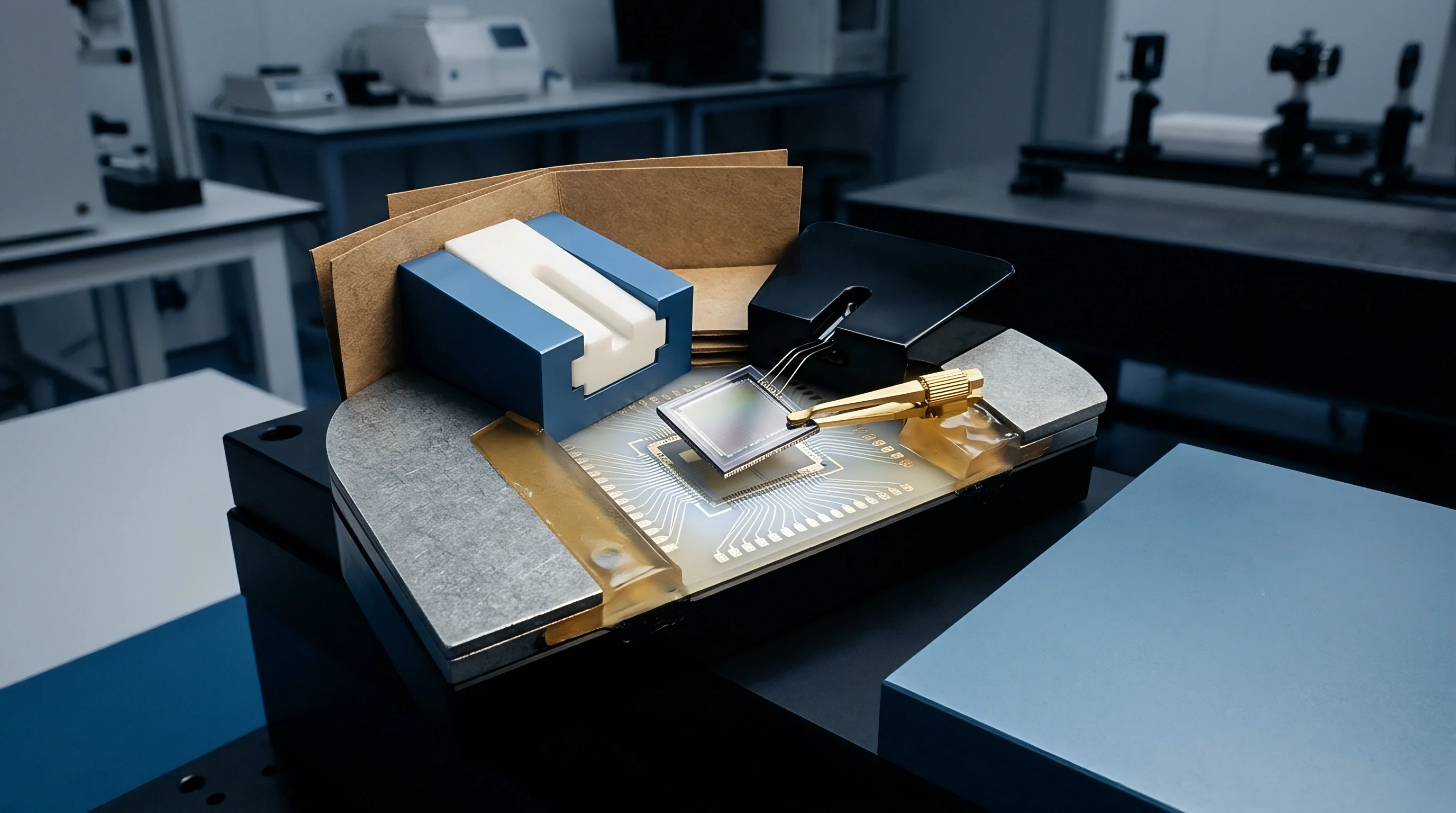 A semiconductor sensor chip with gold wire bonds sits on a test fixture inside an electronics laboratory.