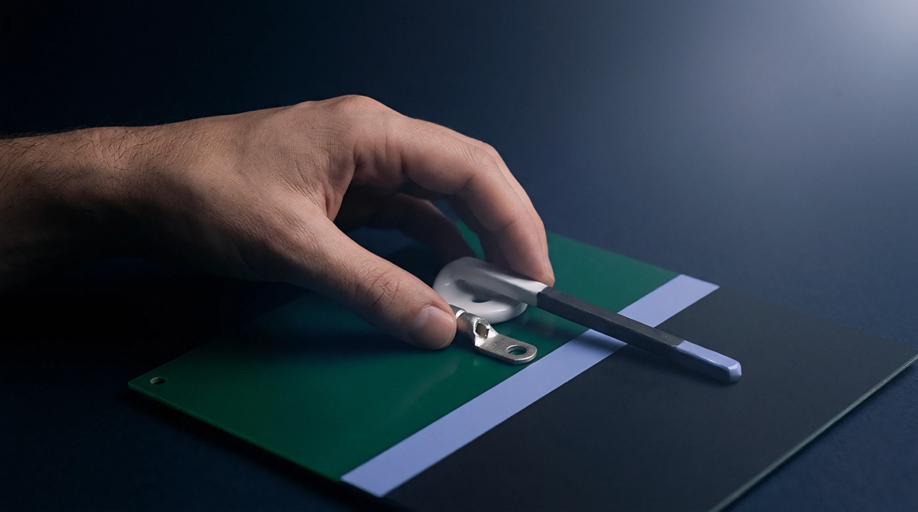 An engineer places a thermal sensor housing and a metal ring terminal on a flat circuit board for test integration.