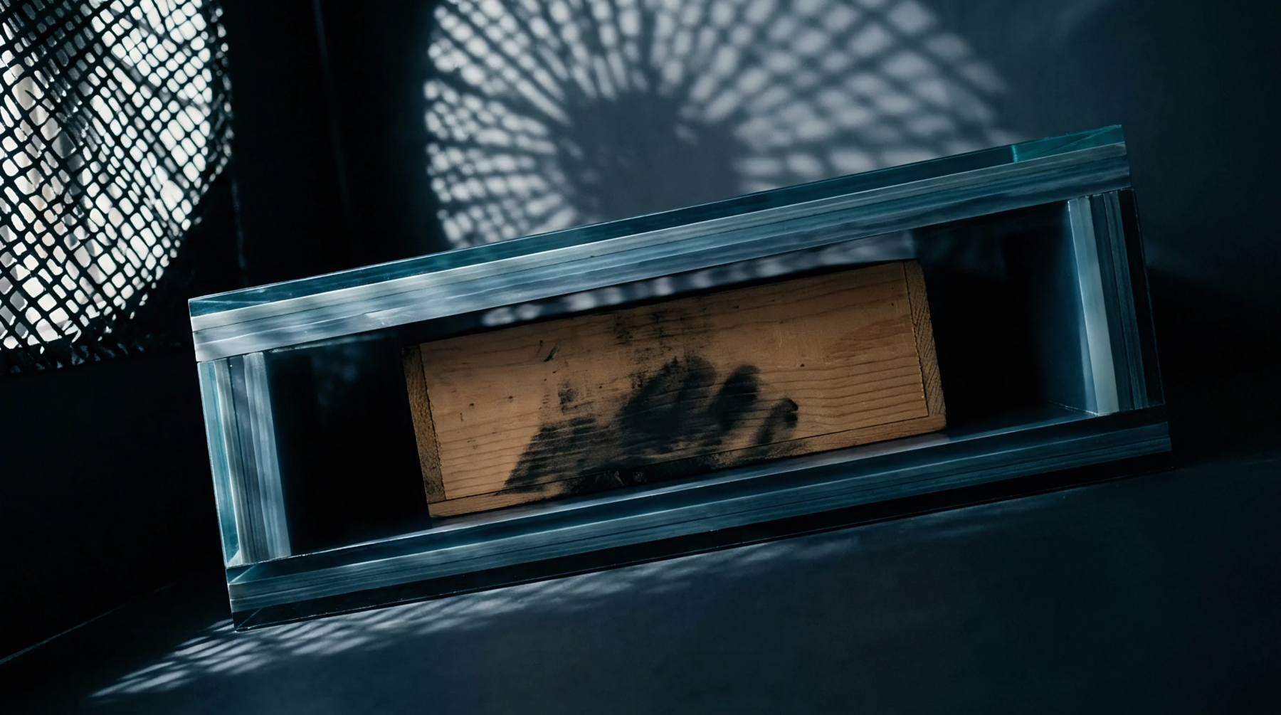 A laminated glass housing containing a rectangular wooden element sits on a grey surface under structured grid shadow patterns.