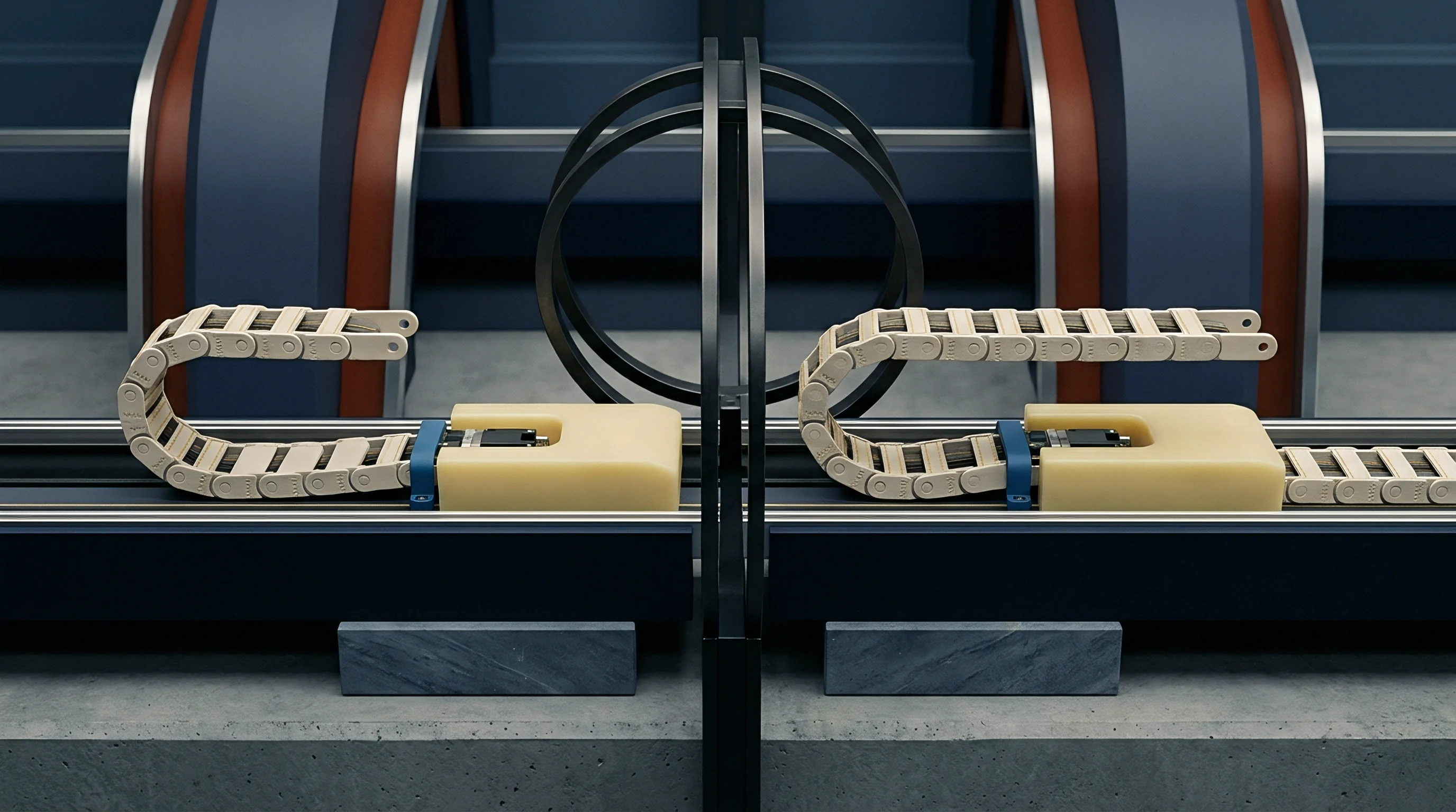A digital render shows two linear guide rails equipped with beige plastic cable carriers and sensor housings on a concrete floor.