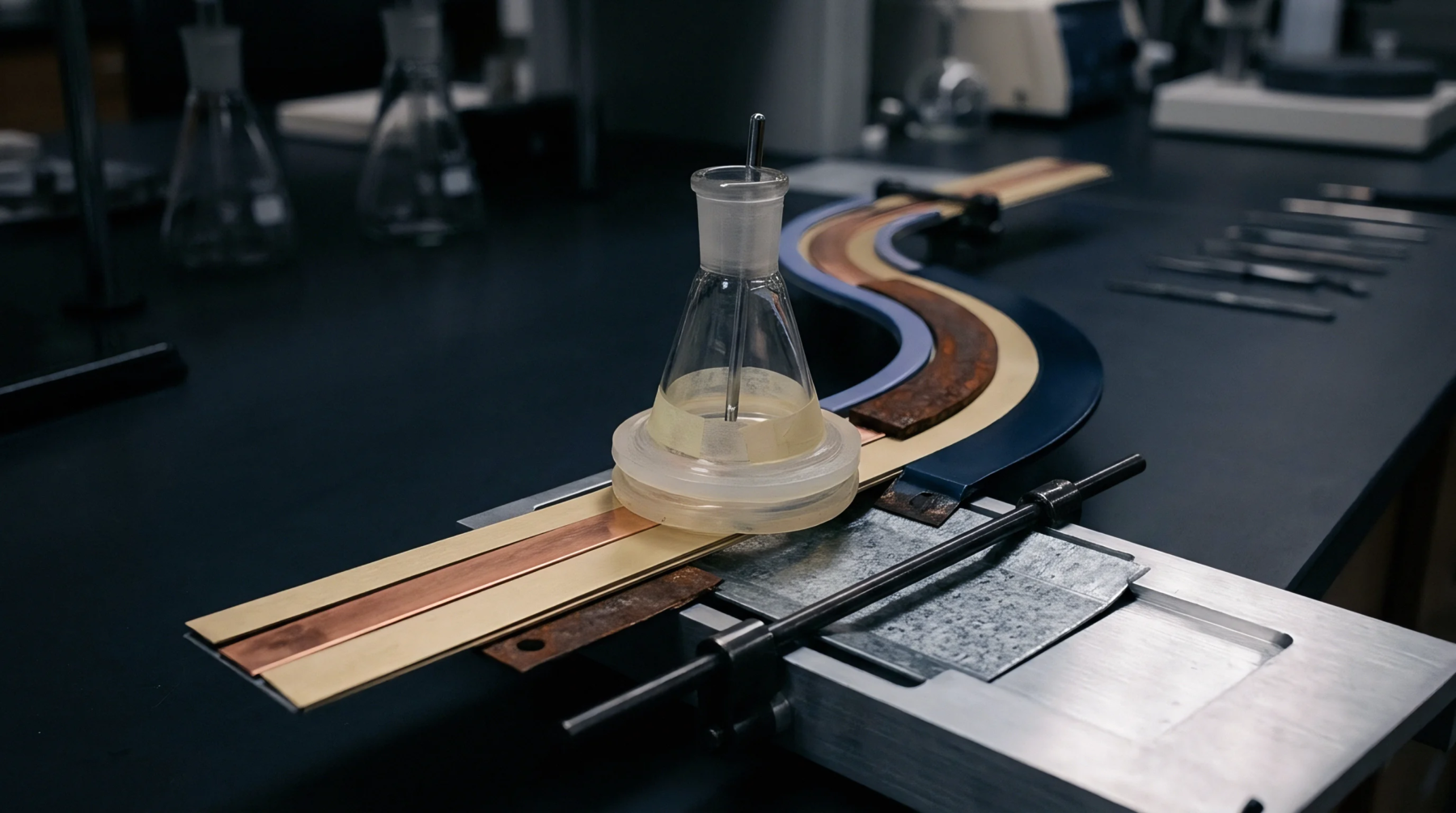 A glass flask holding a light liquid and a stirring rod rests on a transparent base atop a multi-material test platform.