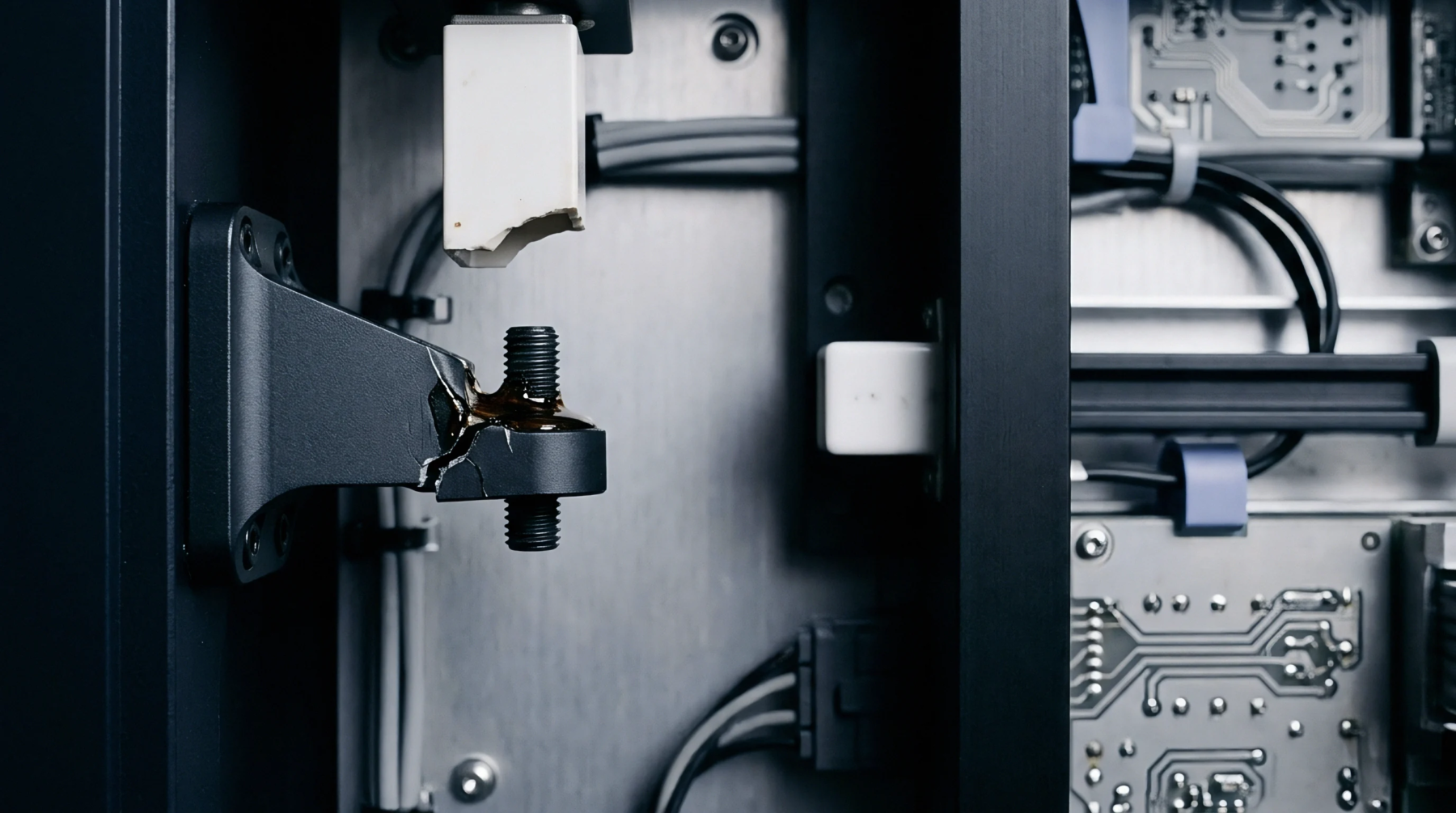 A metal mounting bracket exhibits a fatigue fracture point near a threaded stud alongside a white ceramic guide within an electronic sensing housing.