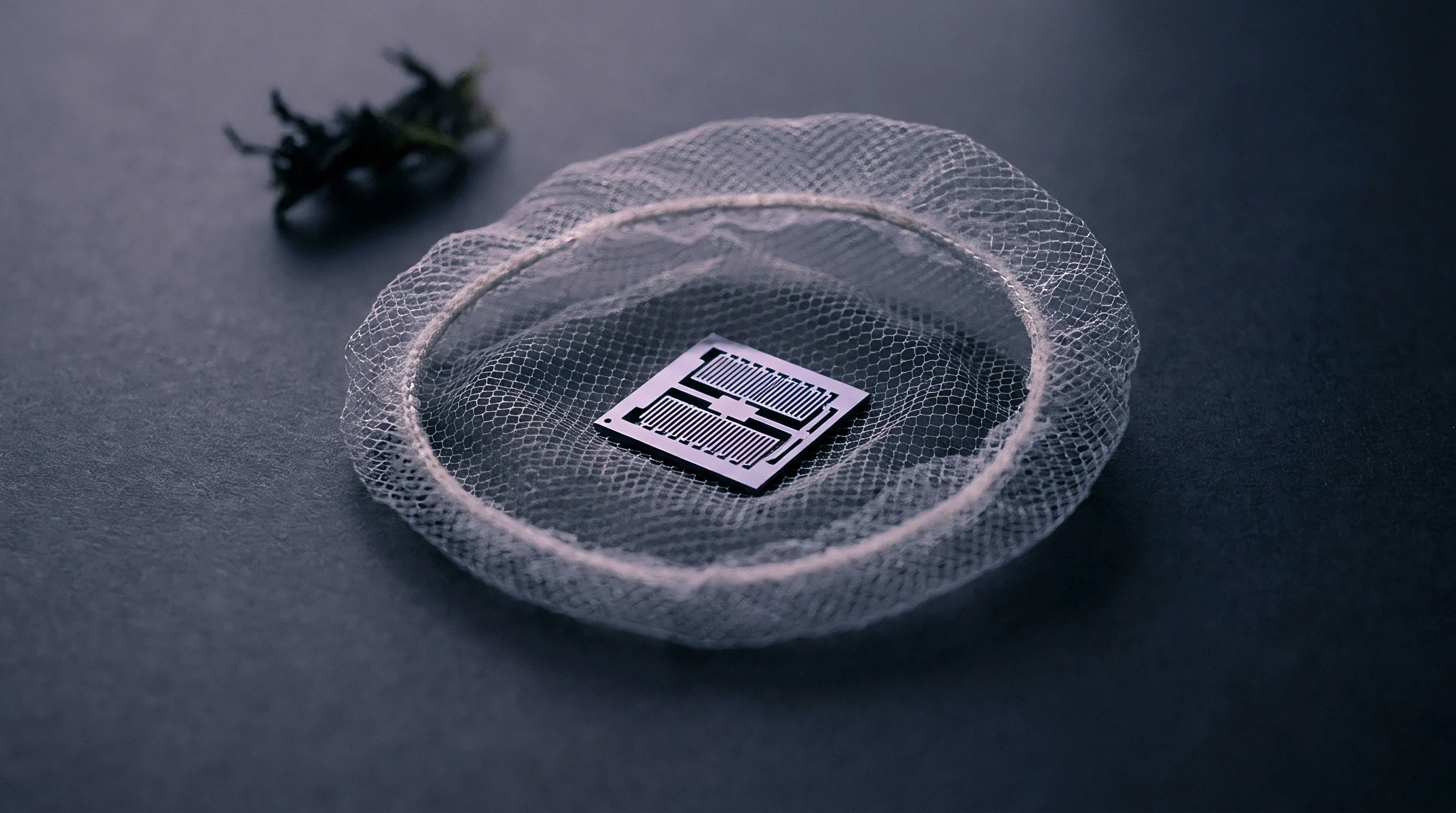 Interdigitated microelectronic sensor chip rests centrally inside a fine polymer mesh containment ring beside organic debris upon dark textured substrate.