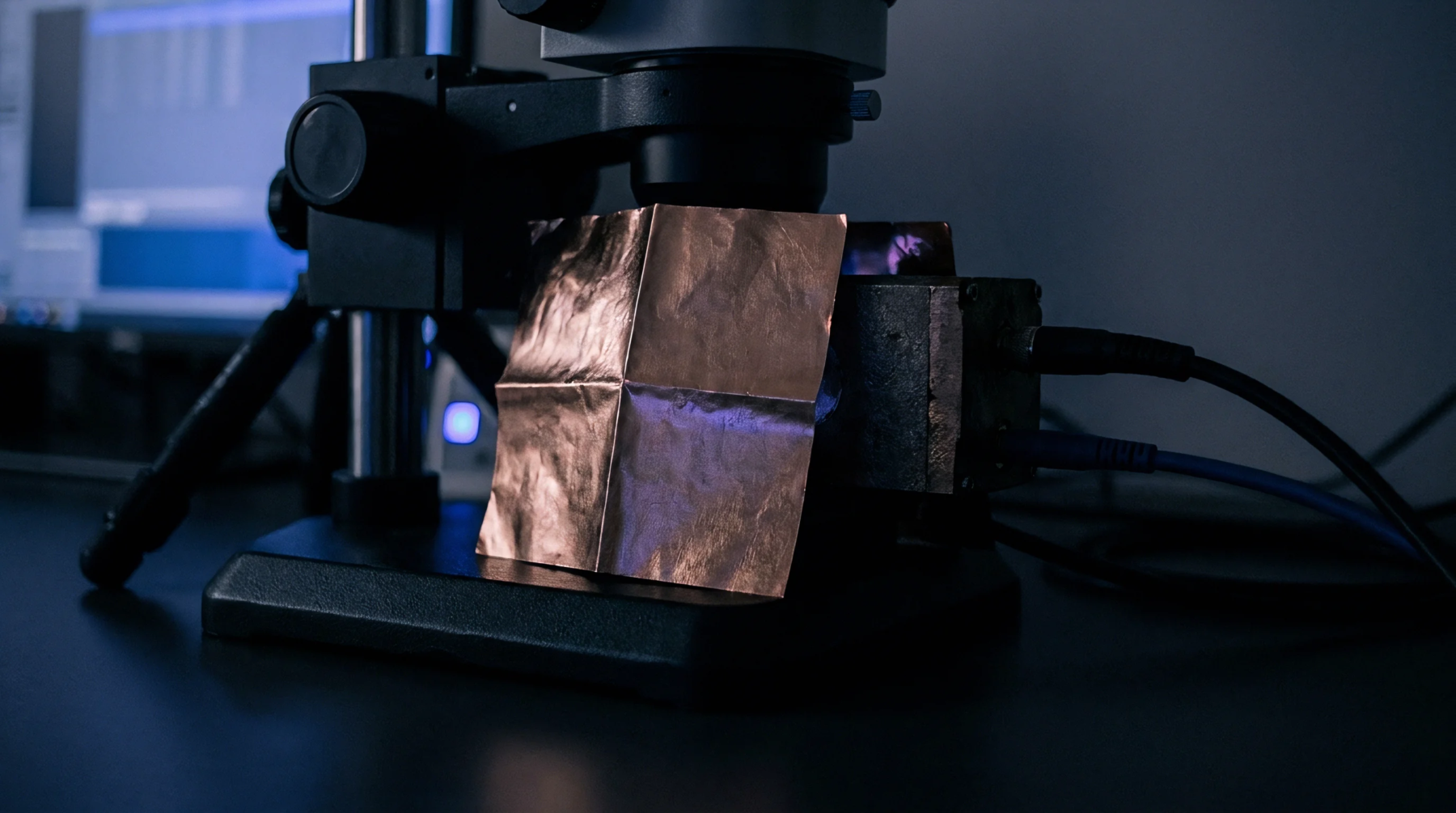 A folded conductive metal foil specimen sits beneath a high resolution digital microscope objective on a laboratory workstation.