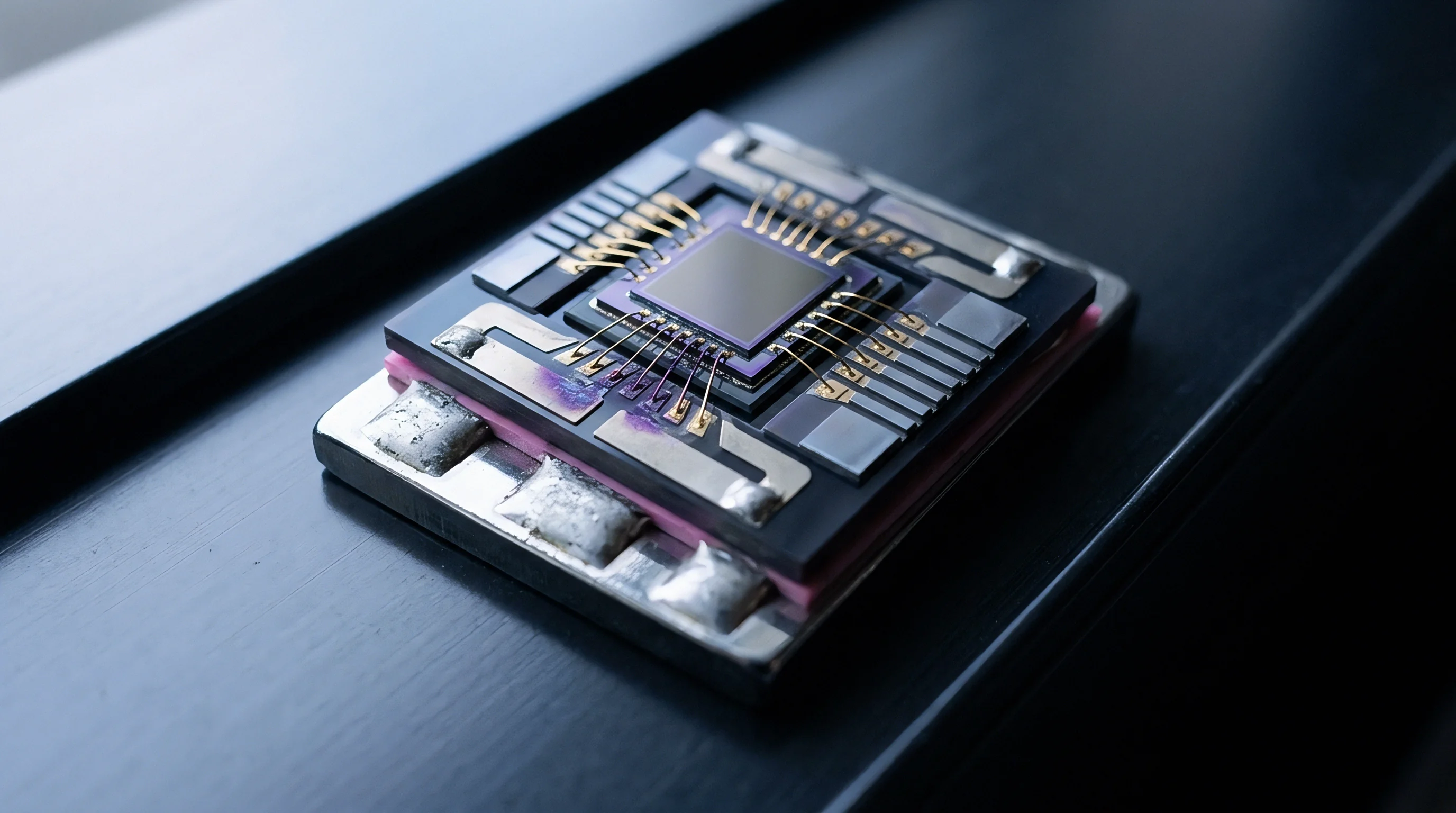 A precisely packaged microelectronic sensor component with a central semiconductor die rests on a dark multi-layered substrate.