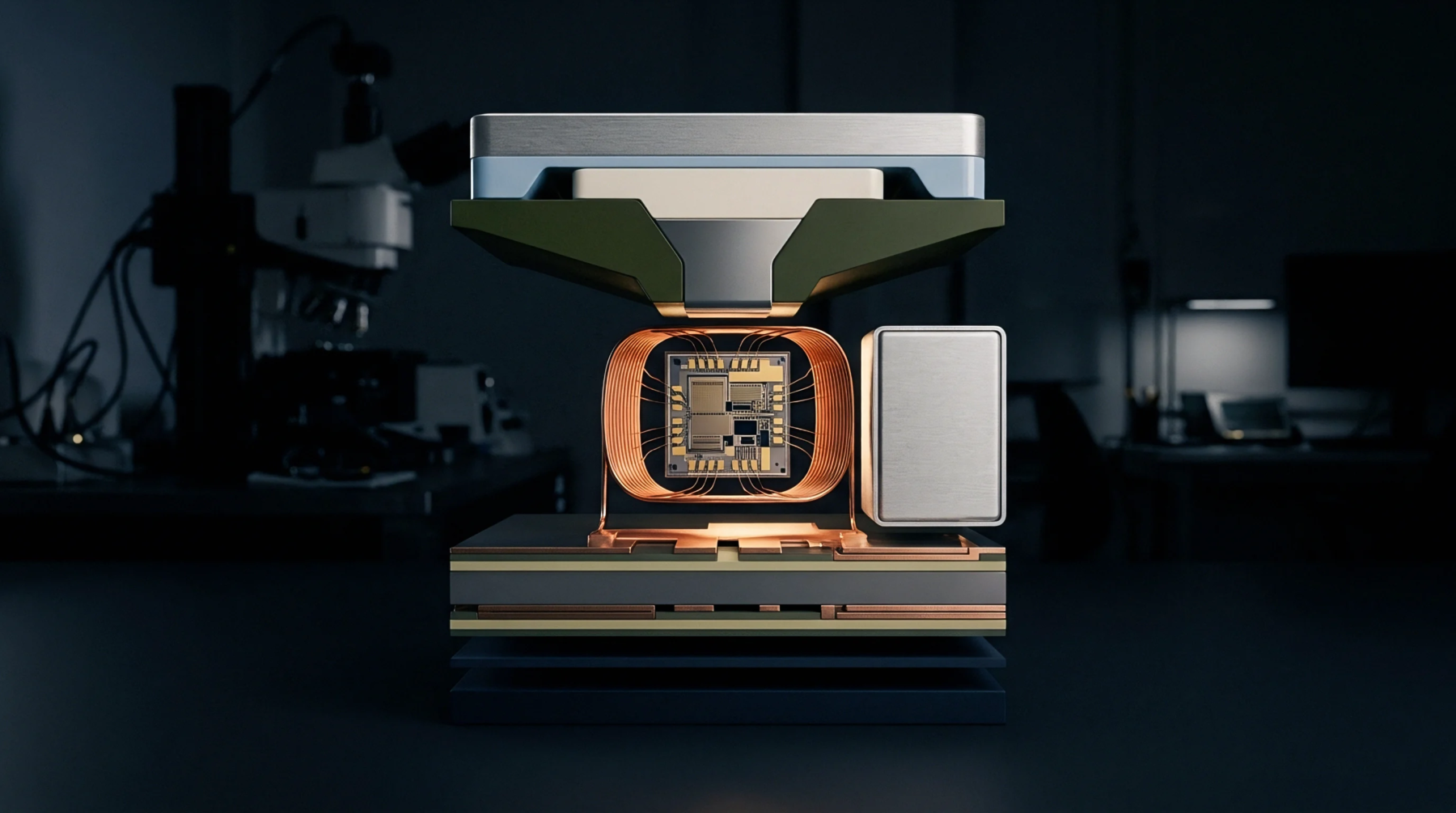 Digital illustration reveals a microelectronic sensor core mounted between layered printed circuit boards inside a darkened laboratory workspace.