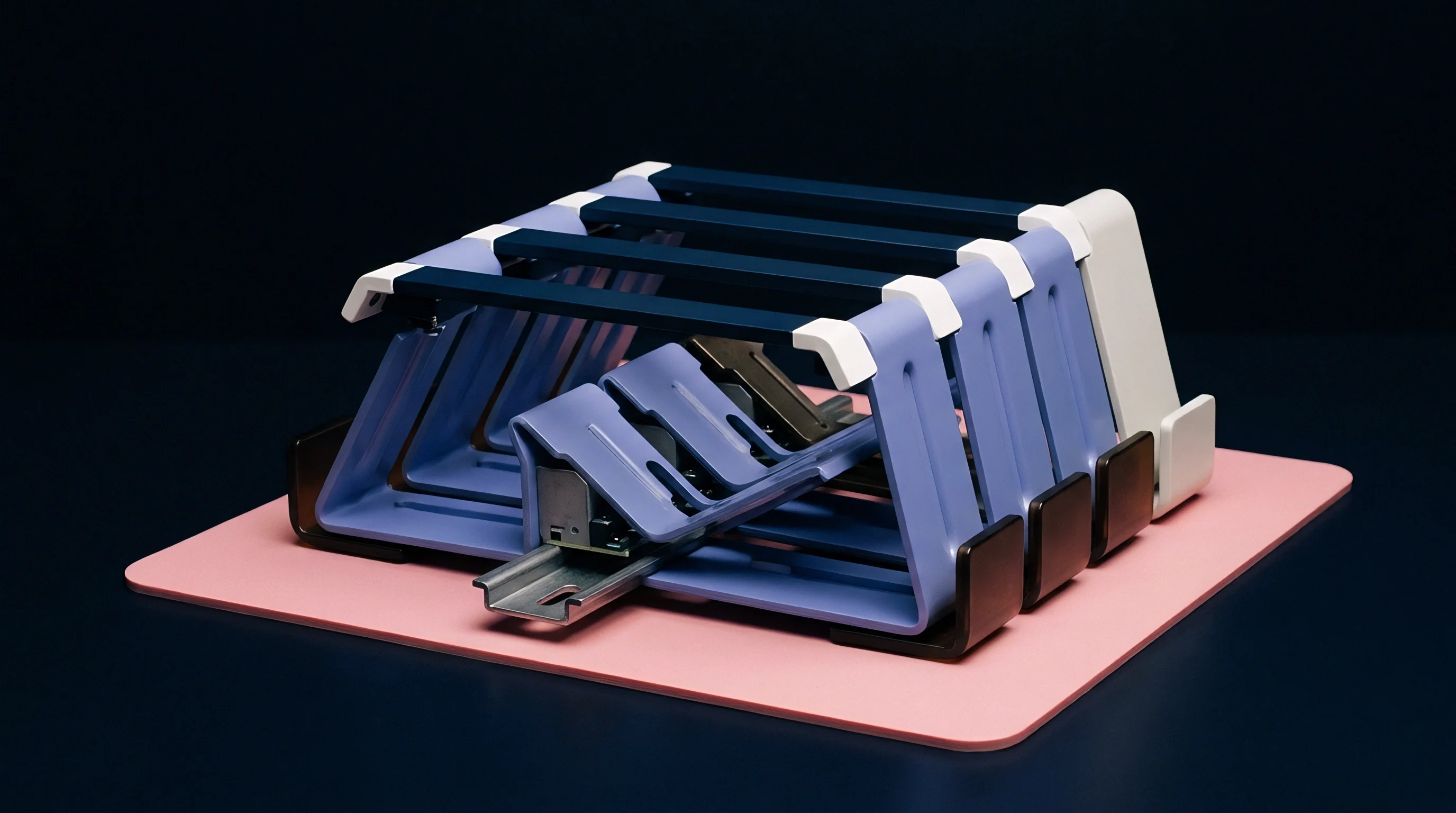 Nested polymer brackets and metal guide rails form an adjustable alignment fixture resting on a pink workbench surface.