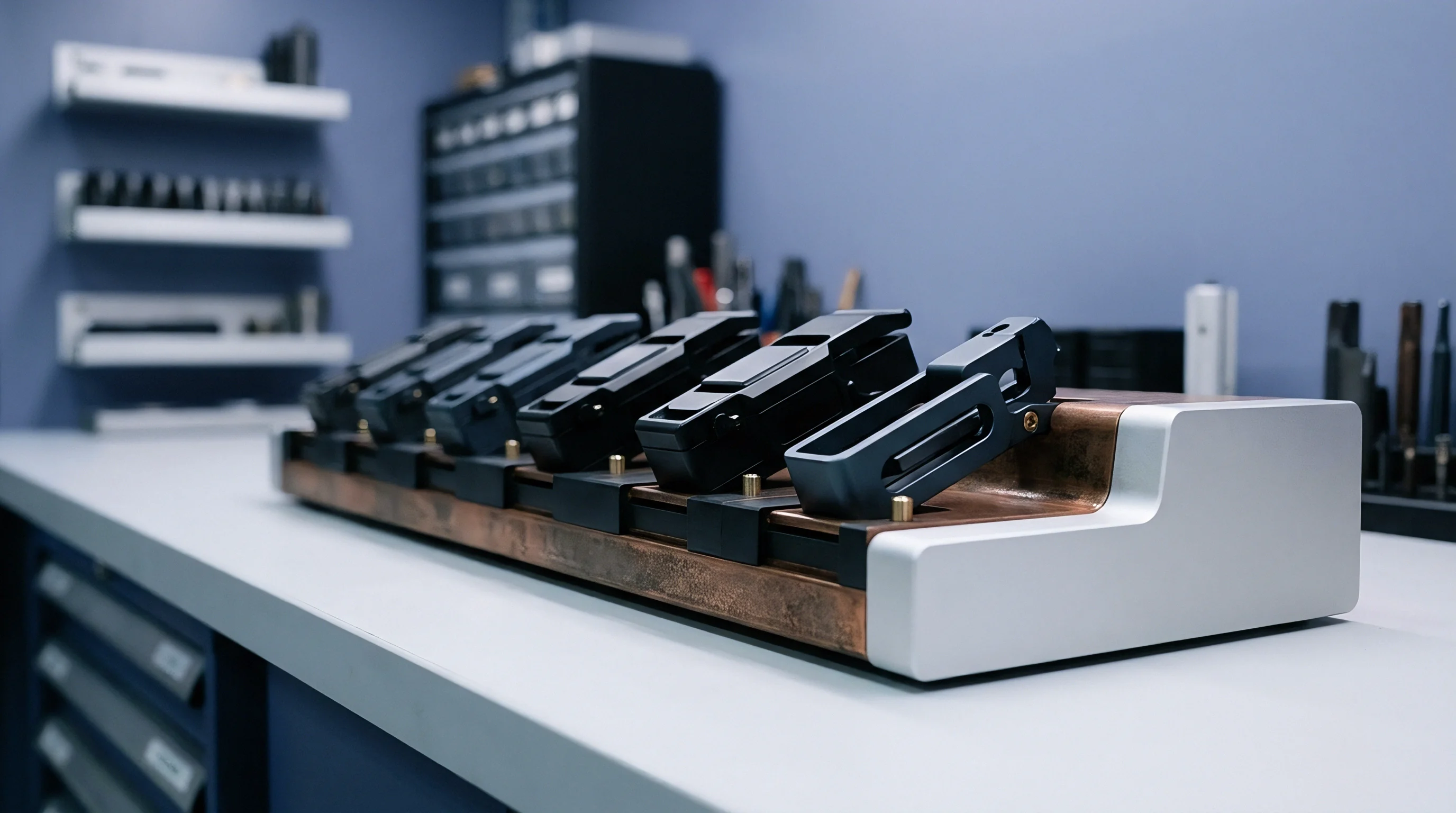 Multiple black machined metal fixtures align sequentially on a heavy copper and aluminum base mounted across a white laboratory workbench.
