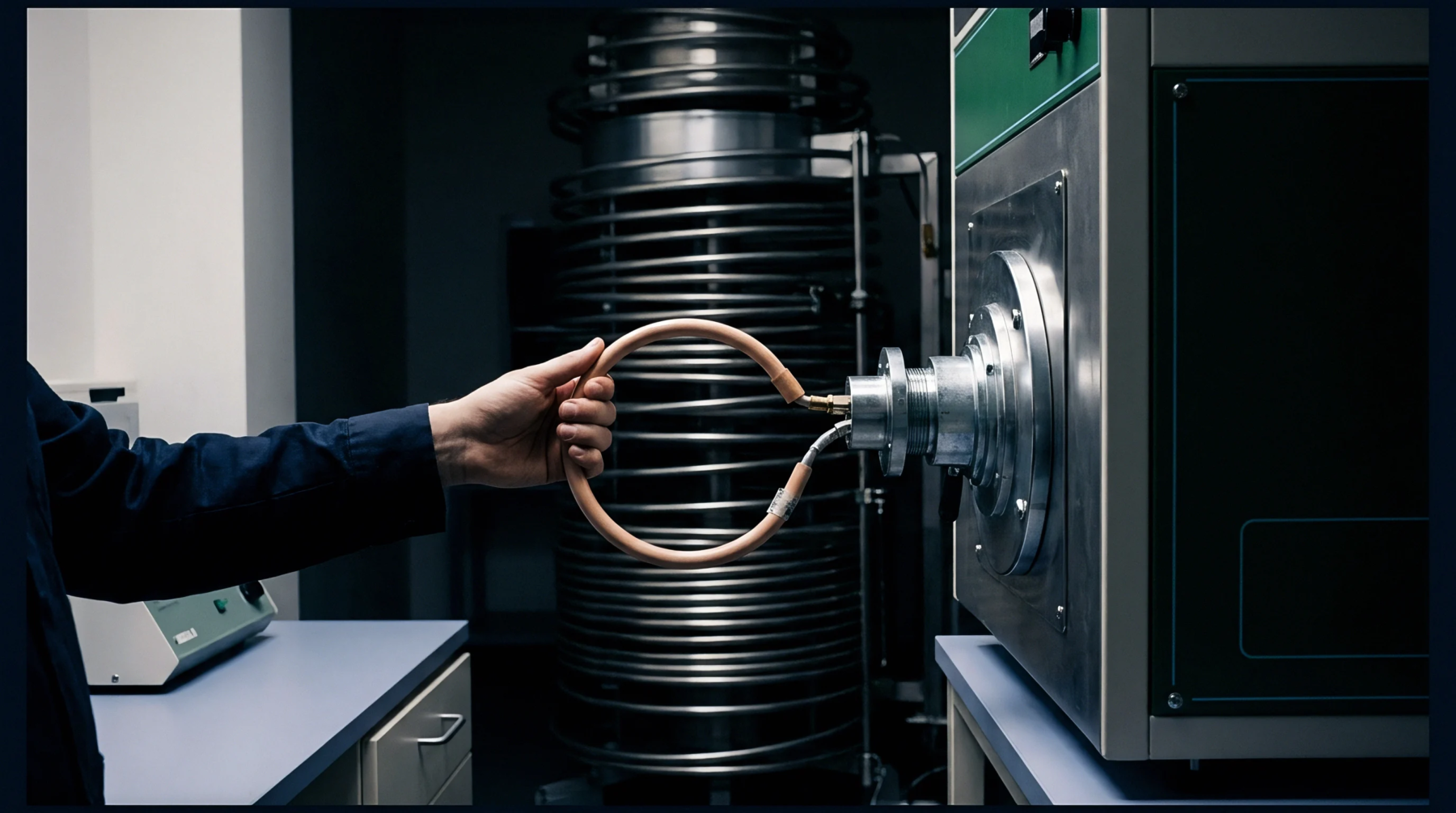 A technician's hand connects a flexible, insulated sensor probe to the input port of a robust metal measurement apparatus.