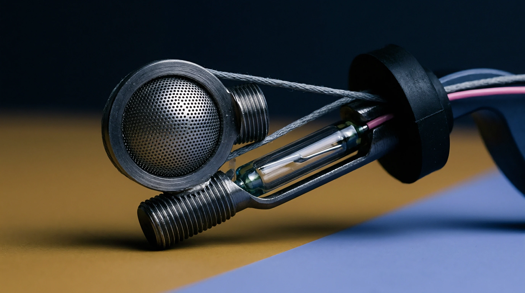 An acoustic transducer protected by a wire mesh dome is mounted alongside a glass encapsulated sensor on a metallic bracket featuring electrical leads.